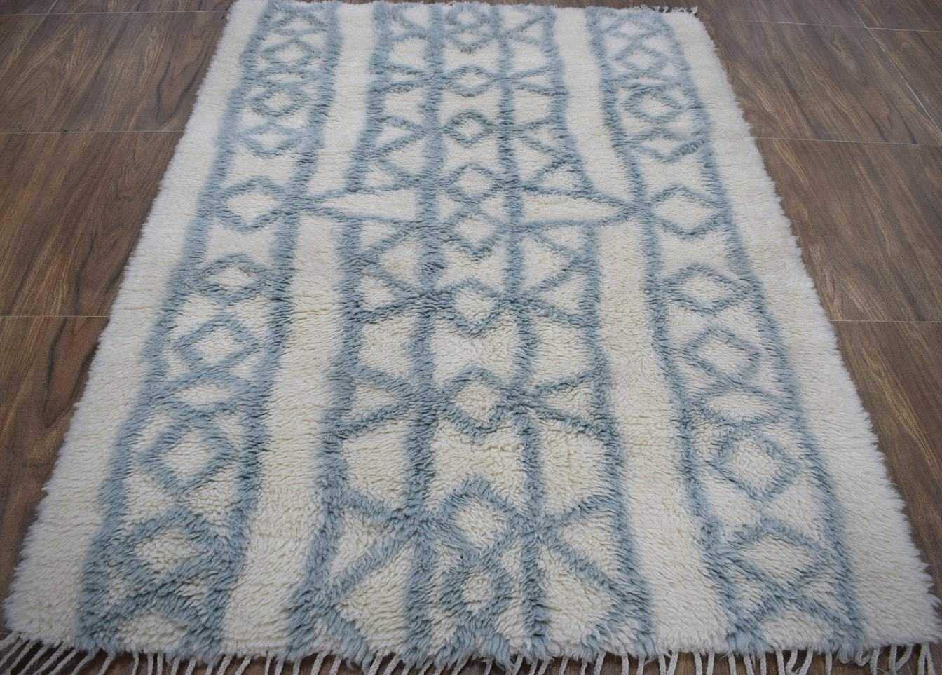 Traditional Hand Made Moroccan Design Wool Light Blue Moroccan Rug - Image 7