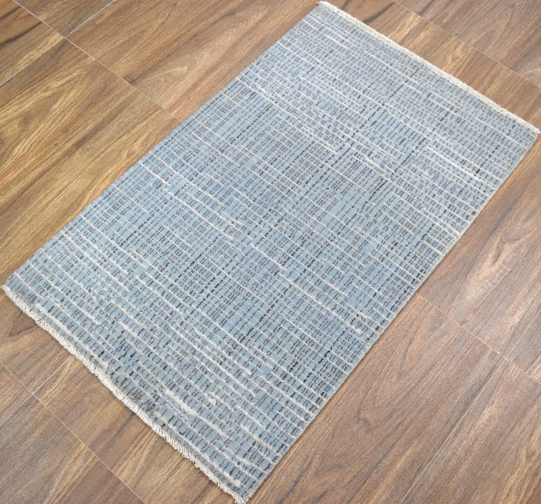 Blue and Ivory Traditional Stripes Pattern Handmade Wool & Viscose 2x3 Area Rug | TRD140423 - Image 3