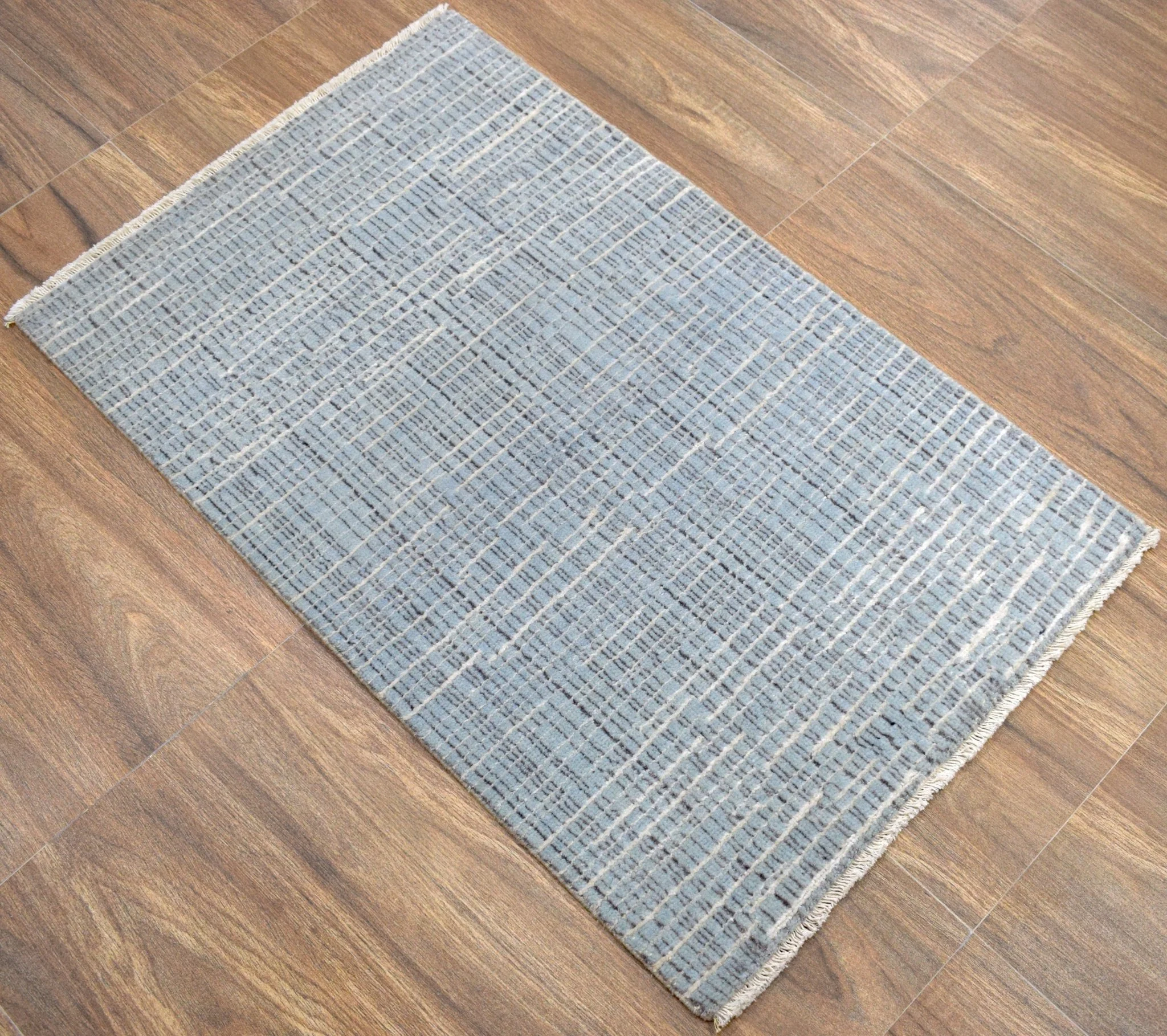 Blue and Ivory Traditional Stripes Pattern Handmade Wool & Viscose 2x3 Area Rug | TRD140423 - Image 4