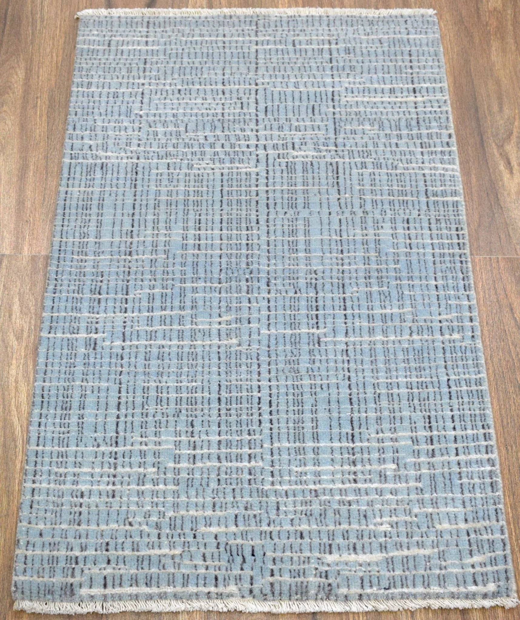 Blue and Ivory Traditional Stripes Pattern Handmade Wool & Viscose 2x3 Area Rug | TRD140423 - Image 5