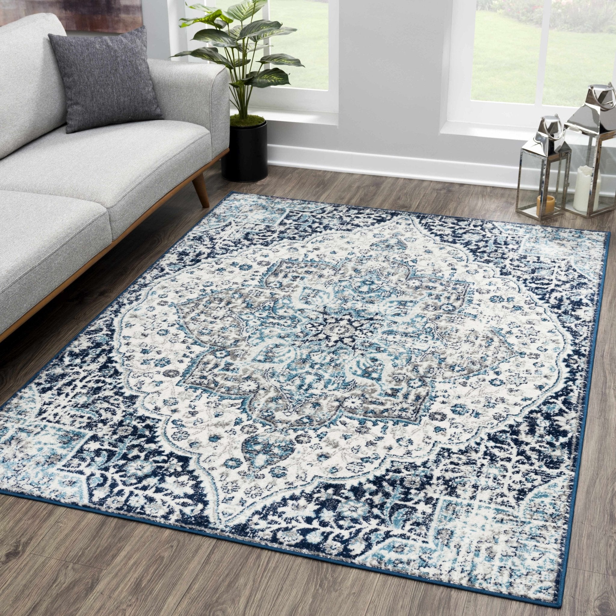 Traditional Heriz Beige, Blue and Gray Premium look Medallion Area Rug - Image 3