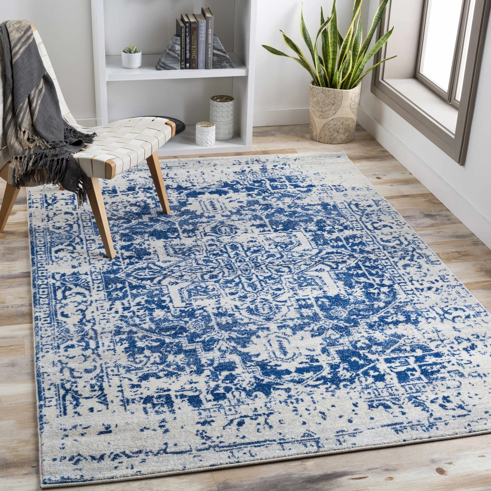 Transitional Heriz Design  Blue and Beige Medallion Area Rug - Image 11