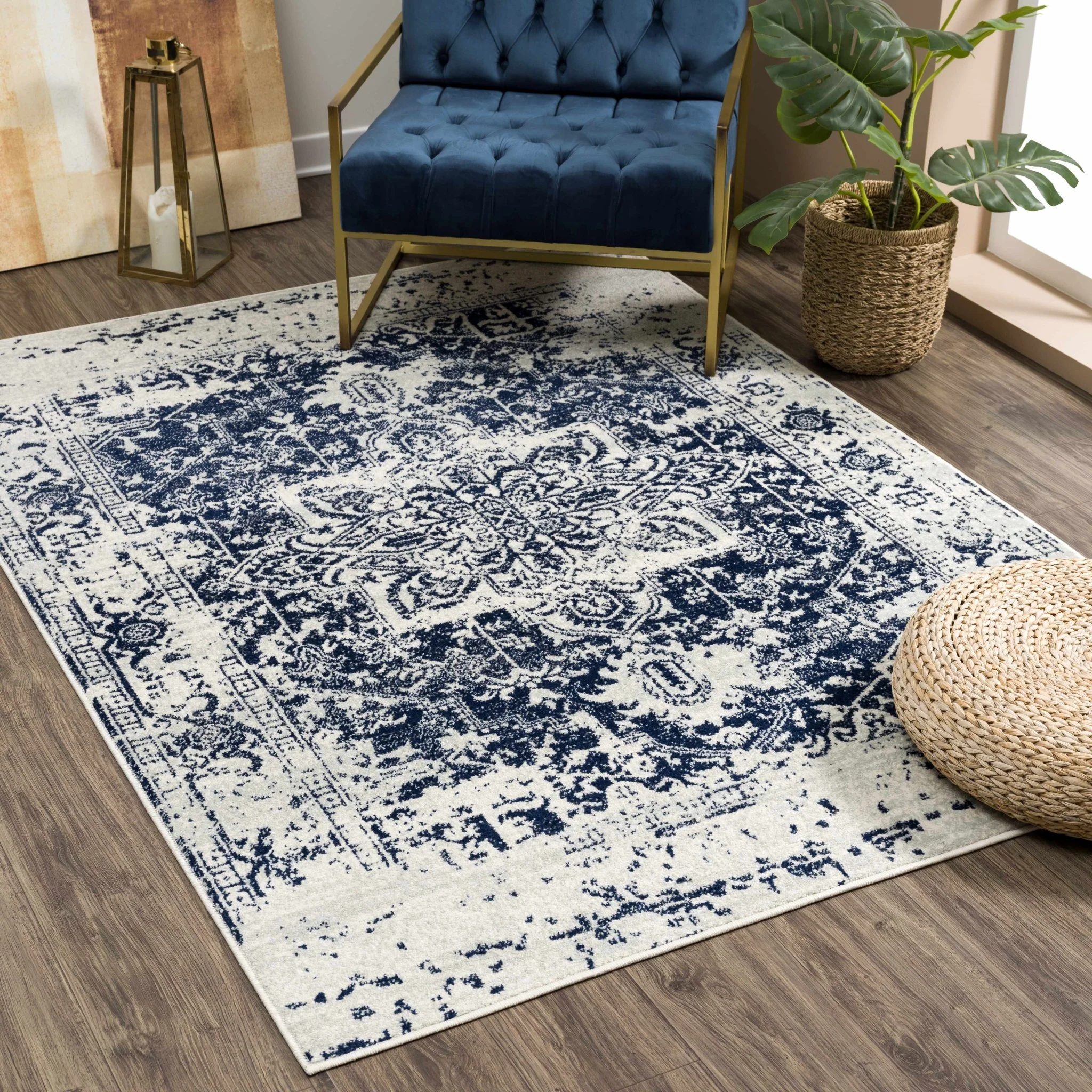 Transitional Heriz Design  Blue and Beige Medallion Area Rug - Image 2