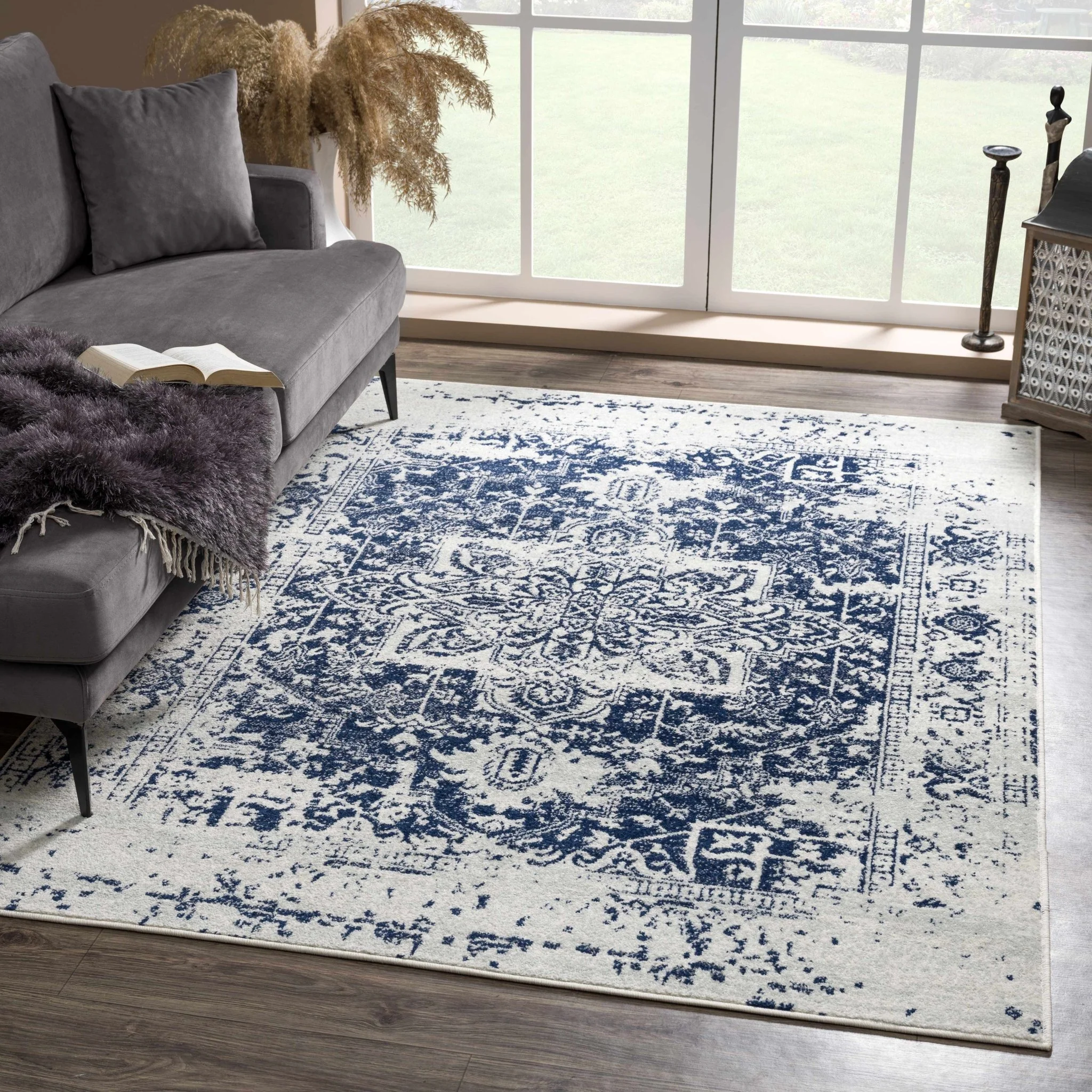Transitional Heriz Design  Blue and Beige Medallion Area Rug - Image 7