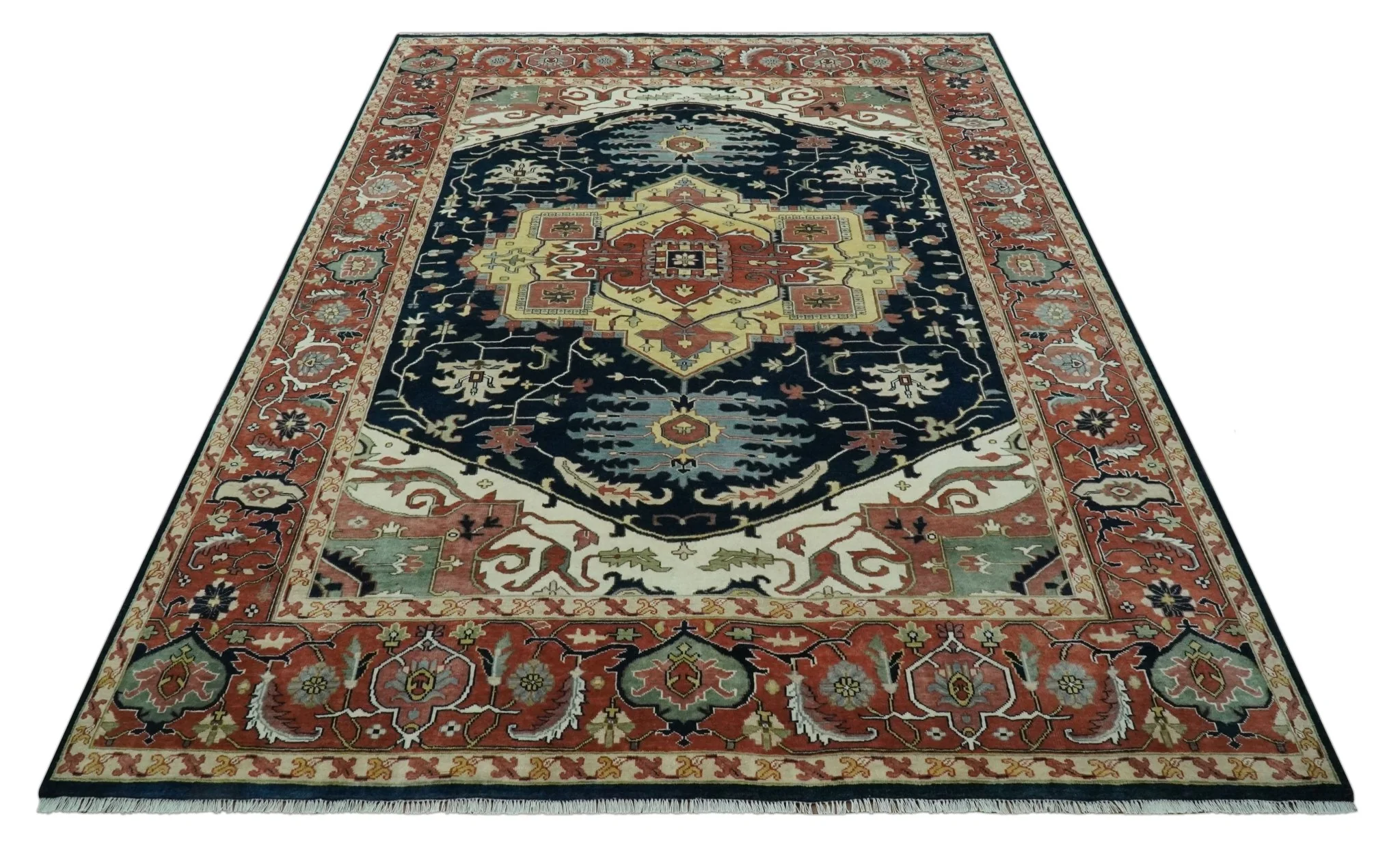 Traditional Heriz Blue, Beige and Rust Fine Hand Knotted 9x12 wool area rug - Image 10