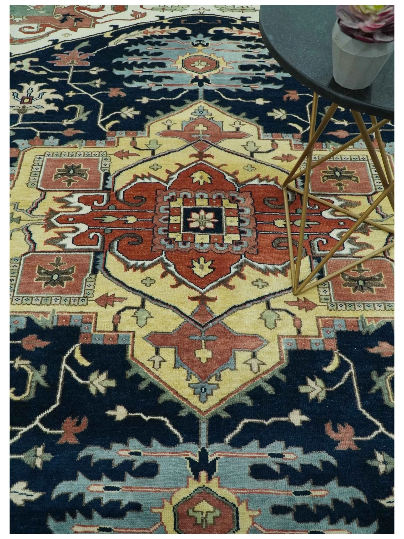 Traditional Heriz Blue, Beige and Rust Fine Hand Knotted 9x12 wool area rug - Image 2