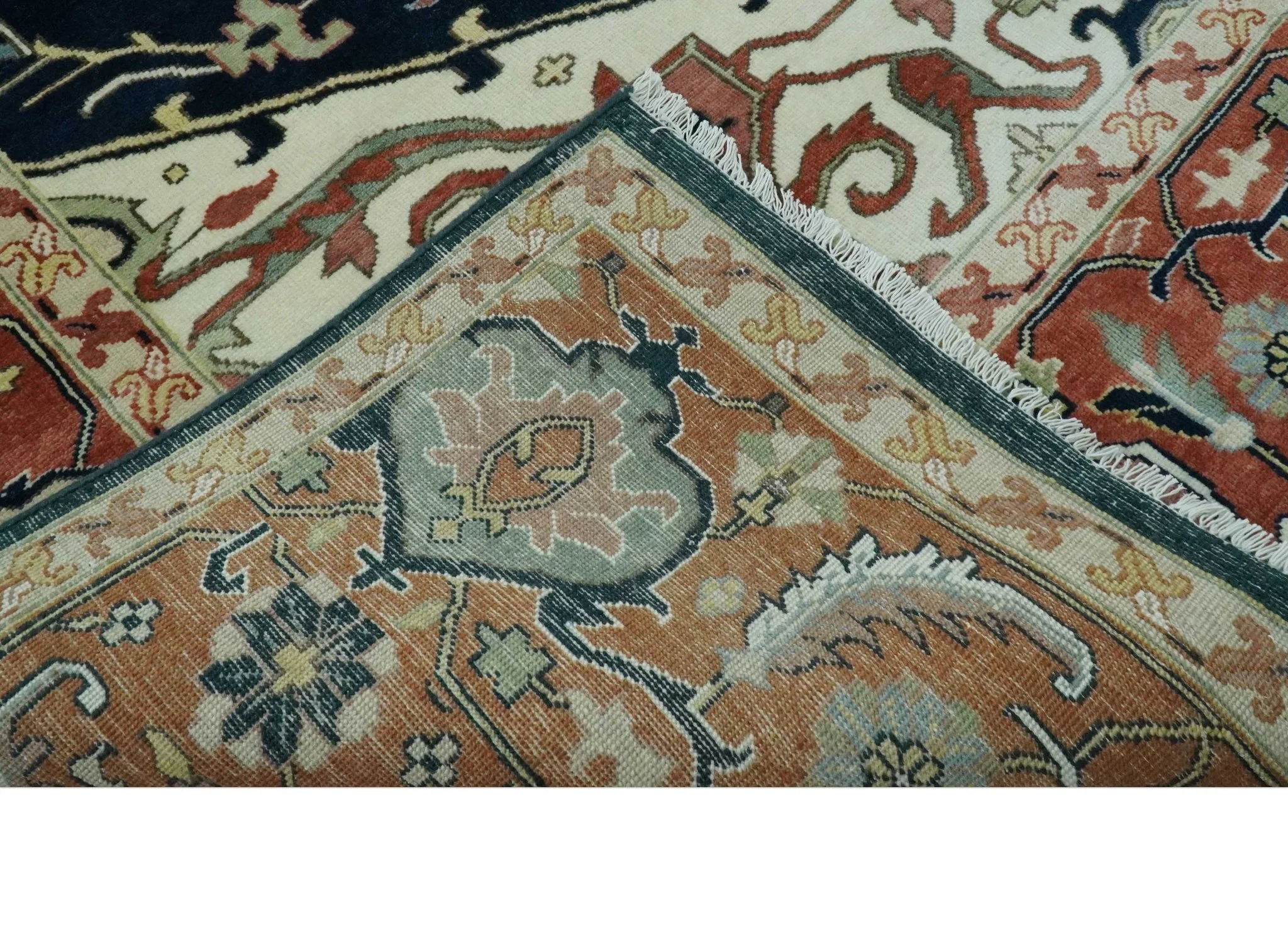 Traditional Heriz Blue, Beige and Rust Fine Hand Knotted 9x12 wool area rug - Image 7