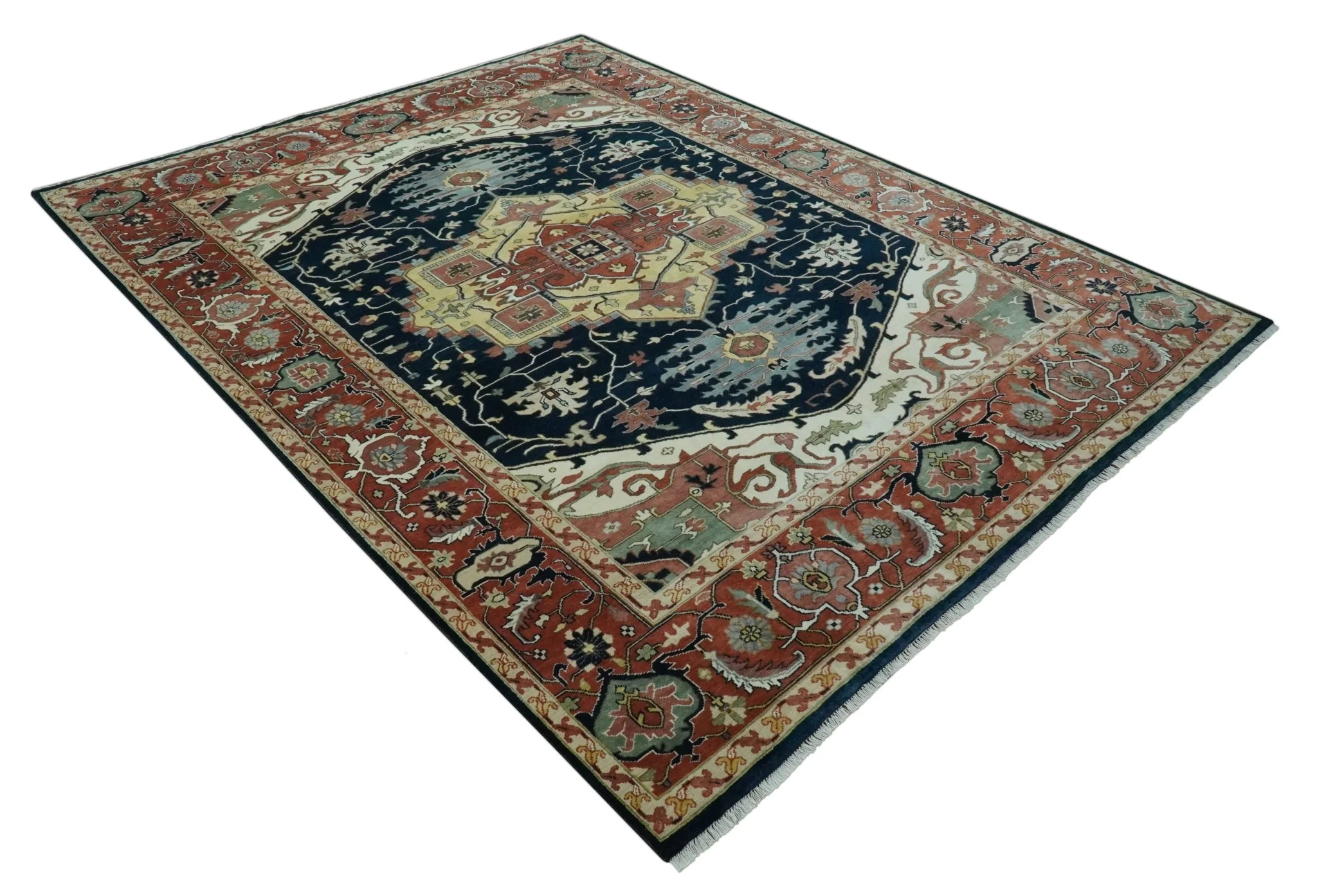 Traditional Heriz Blue, Beige and Rust Fine Hand Knotted 9x12 wool area rug - Image 9