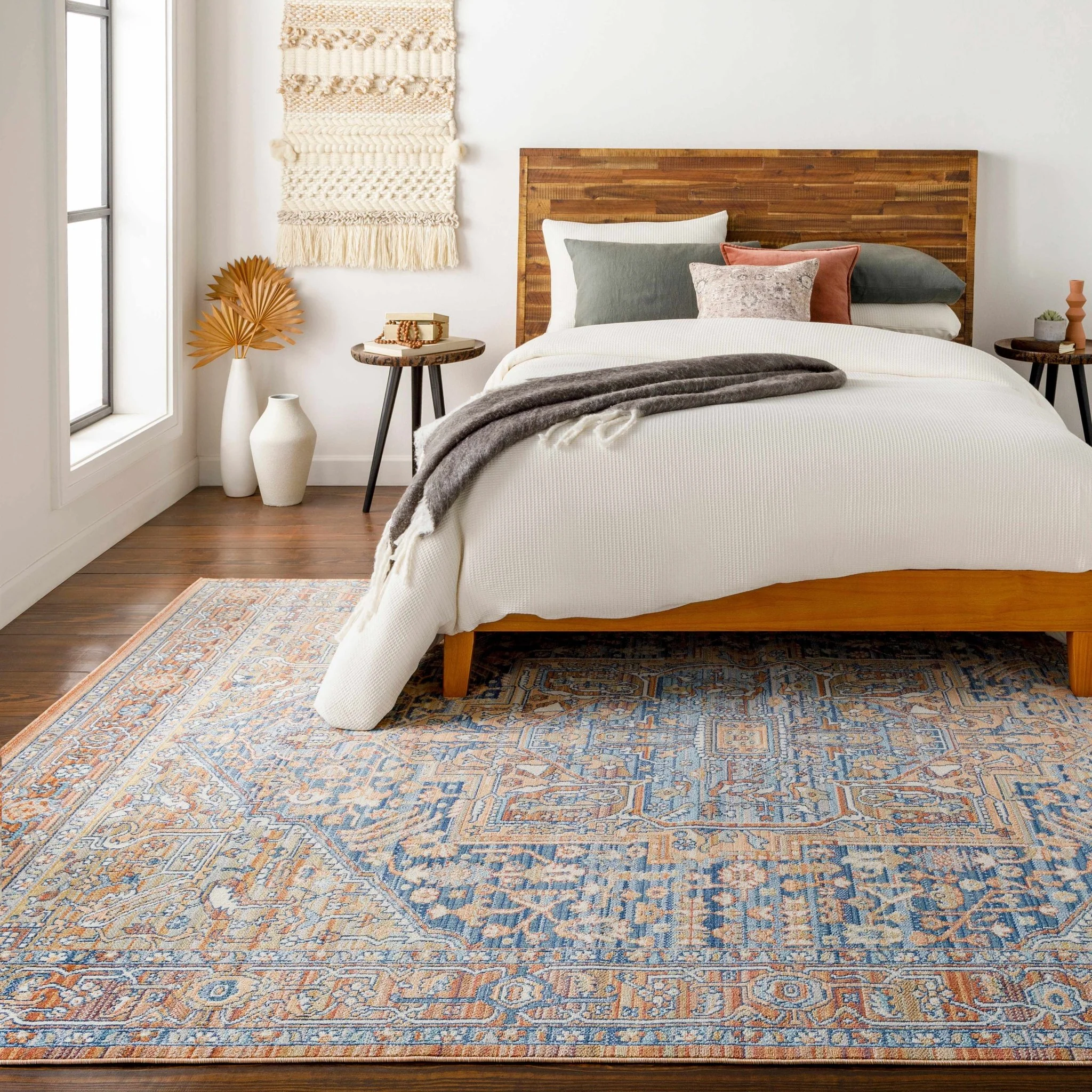 Traditional Heriz Blue, Ivory and Saffron Medallion Style multi color Low pile Area Rug - Image 2