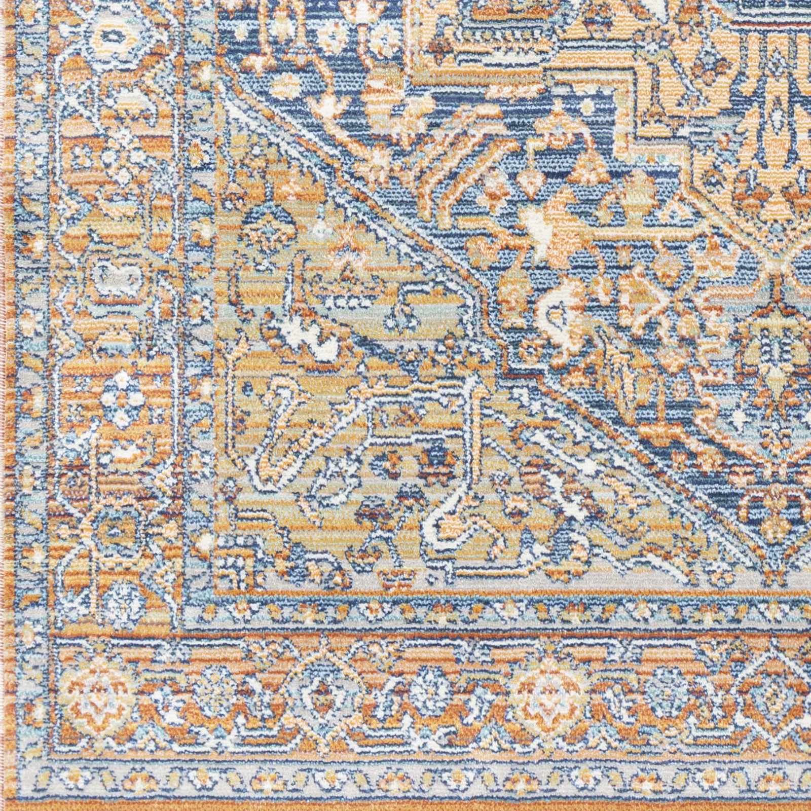 Traditional Heriz Blue, Ivory and Saffron Medallion Style multi color Low pile Area Rug - Image 3
