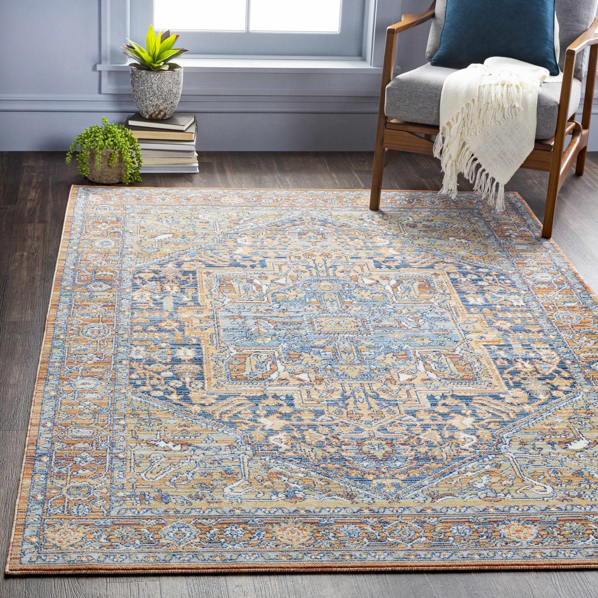 Traditional Heriz Blue, Ivory and Saffron Medallion Style multi color Low pile Area Rug - Image 4