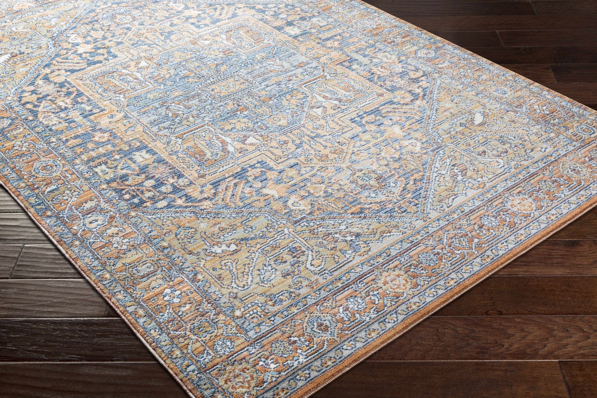 Traditional Heriz Blue, Ivory and Saffron Medallion Style multi color Low pile Area Rug - Image 5