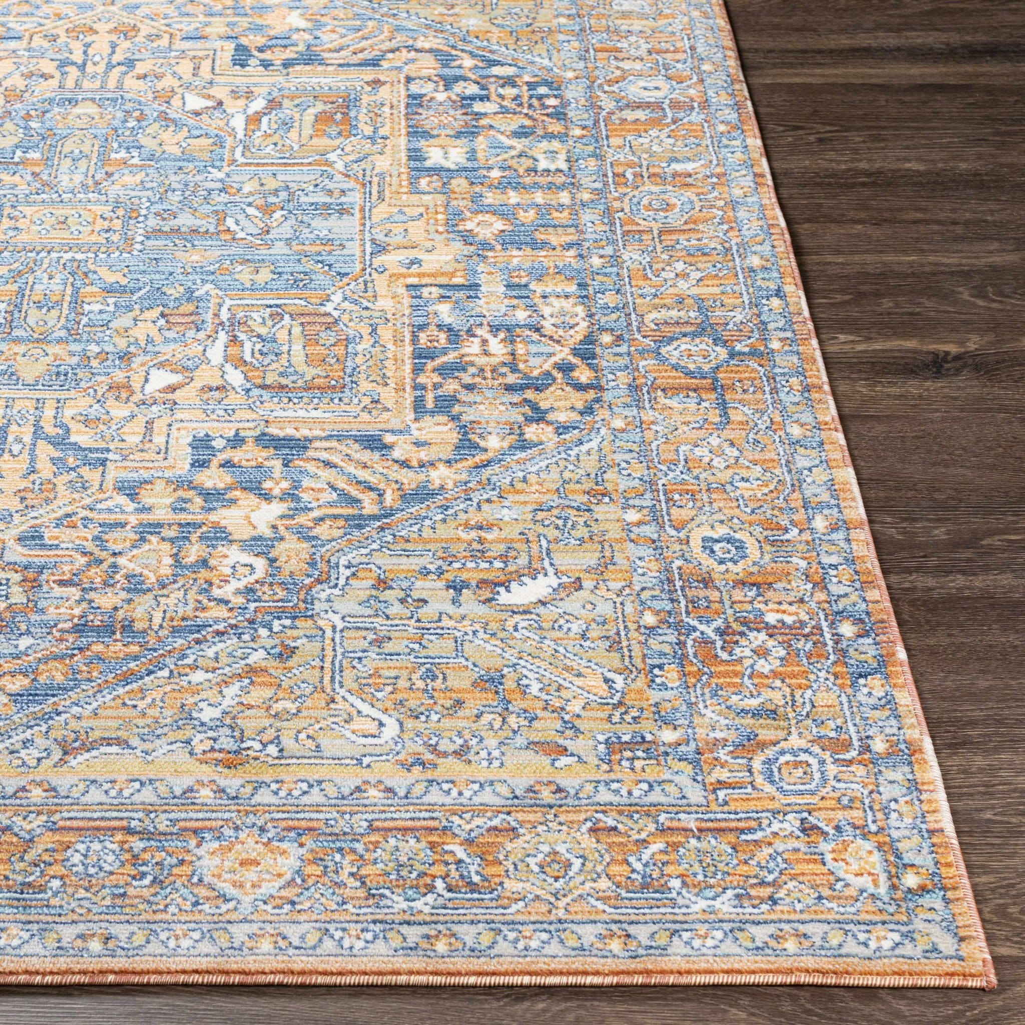 Traditional Heriz Blue, Ivory and Saffron Medallion Style multi color Low pile Area Rug - Image 6