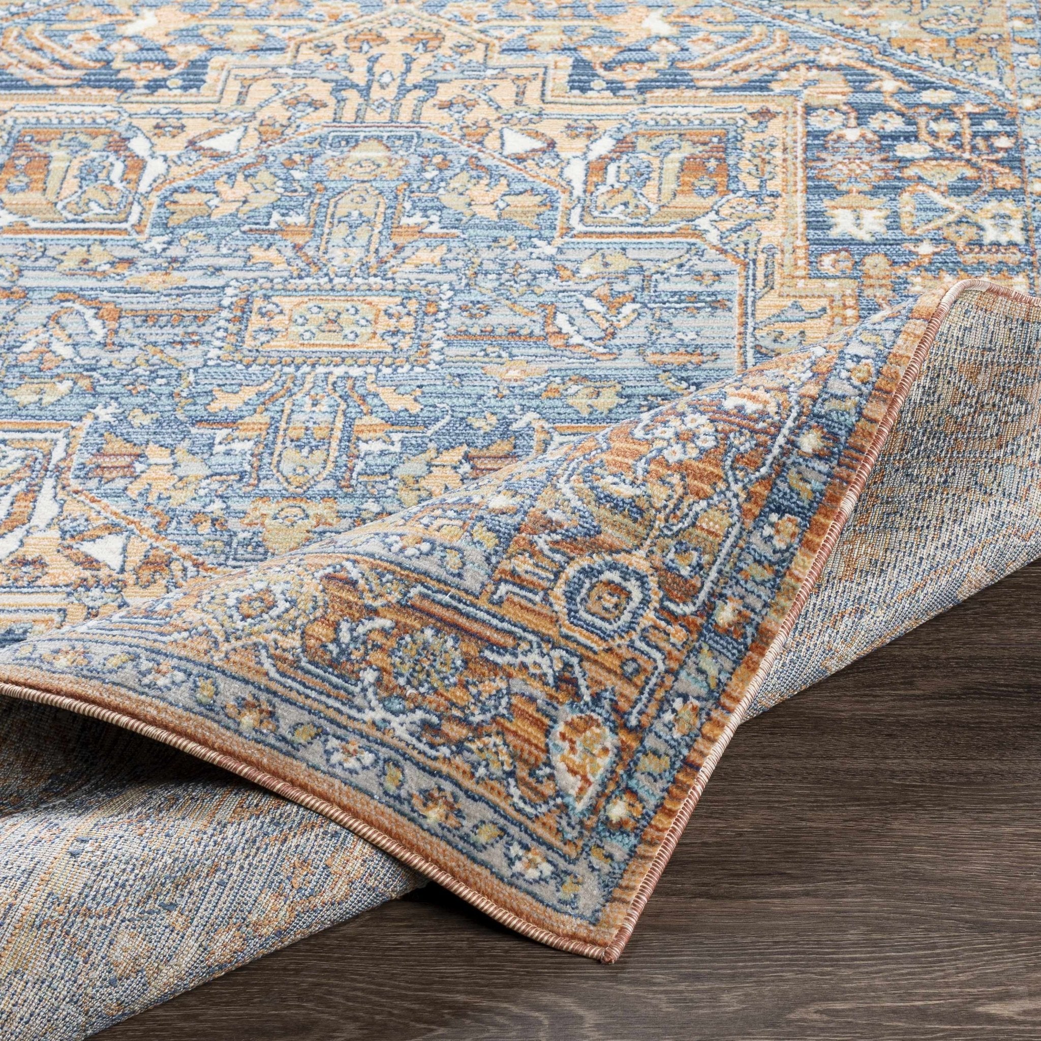 Traditional Heriz Blue, Ivory and Saffron Medallion Style multi color Low pile Area Rug - Image 7