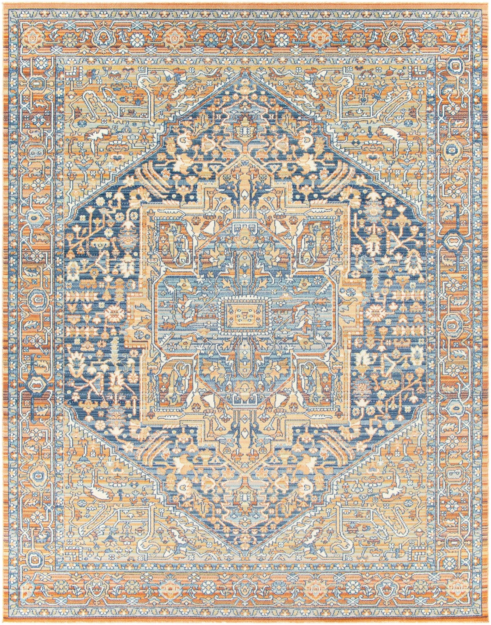 Traditional Heriz Blue, Ivory and Saffron Medallion Style multi color Low pile Area Rug - Image 9