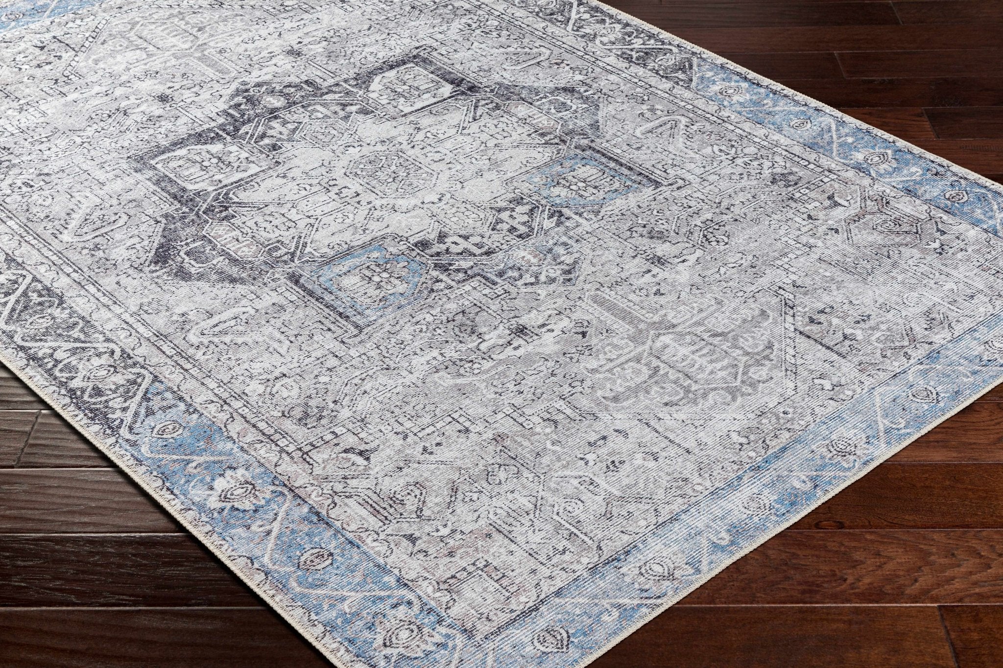 Traditional Medallion Design Brown, Blue and Ivory Low Pile Muti Size Area Rug - Image 11