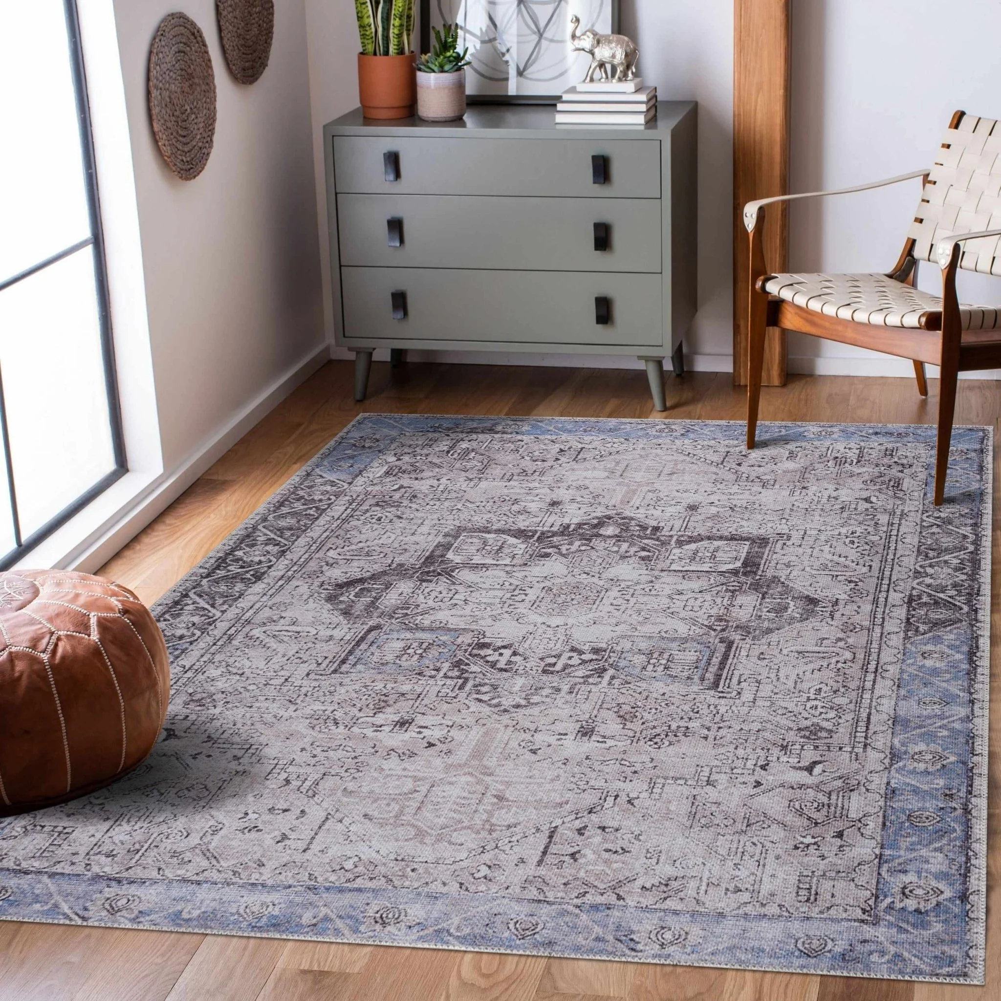 Traditional Medallion Design Brown, Blue and Ivory Low Pile Muti Size Area Rug - Image 2