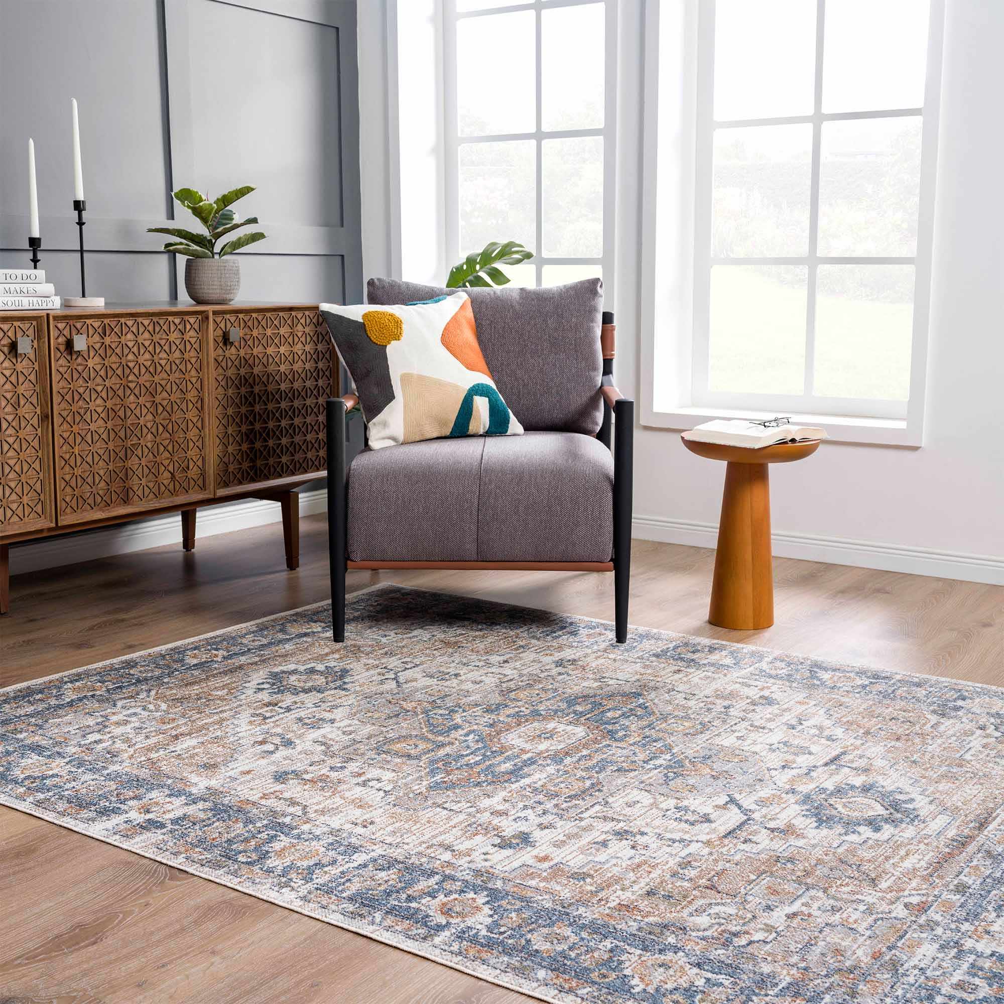 Traditional Heriz Charcoal, Ivory and Camel Medallion Washable area Rug - Image 16