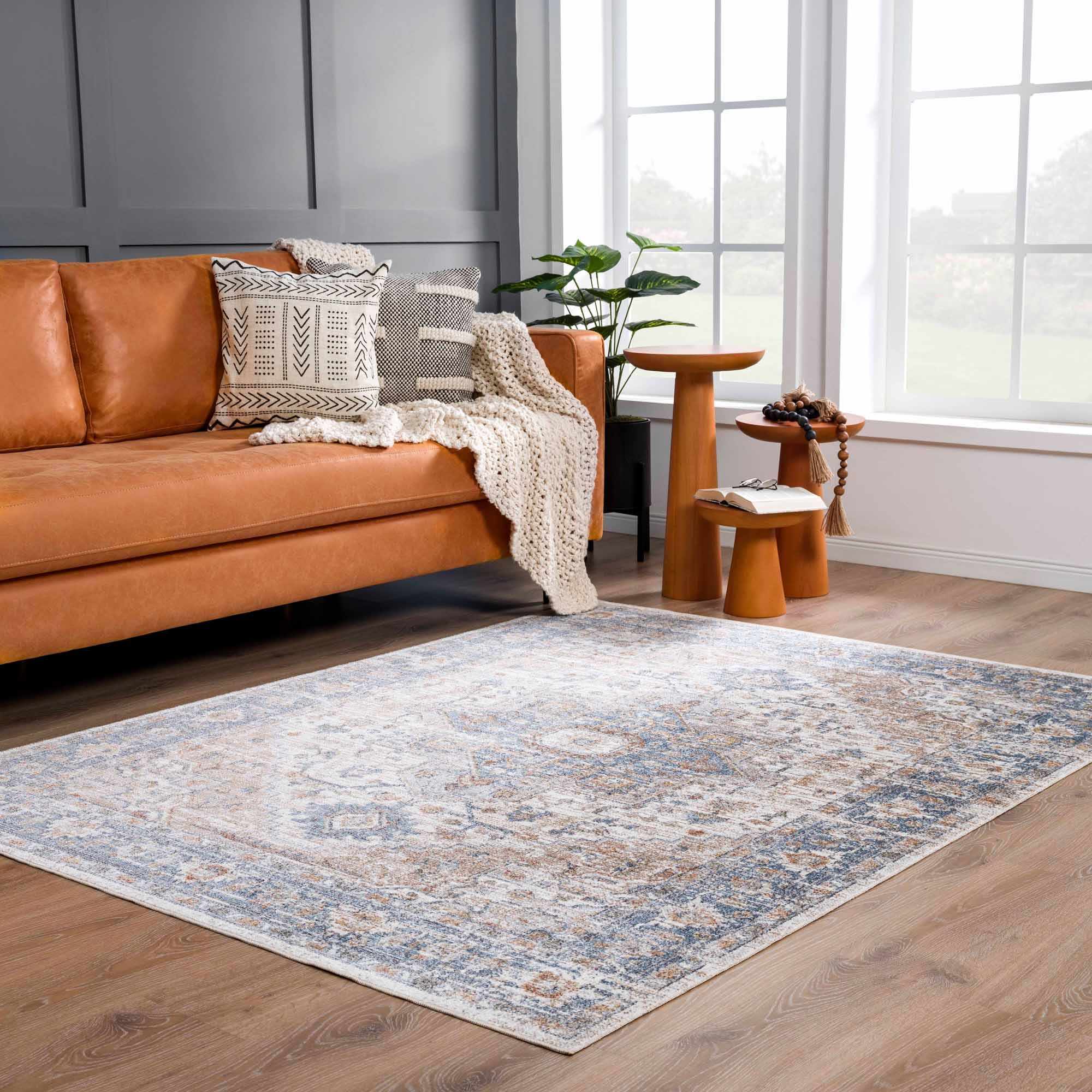 Traditional Heriz Charcoal, Ivory and Camel Medallion Washable area Rug - Image 17