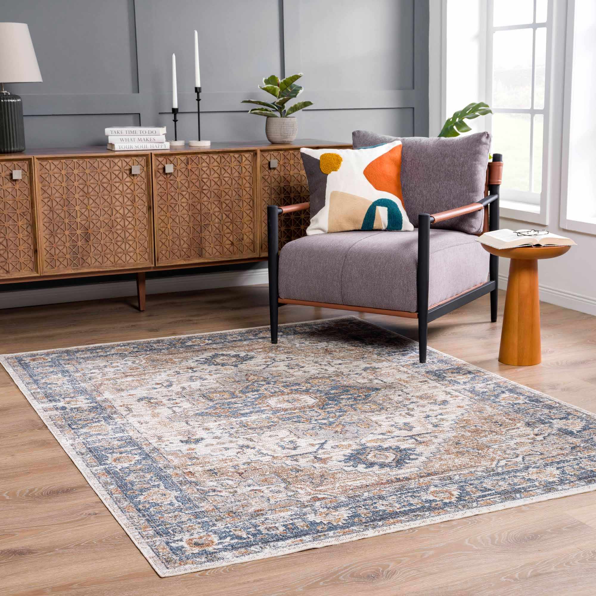Traditional Heriz Charcoal, Ivory and Camel Medallion Washable area Rug - Image 3