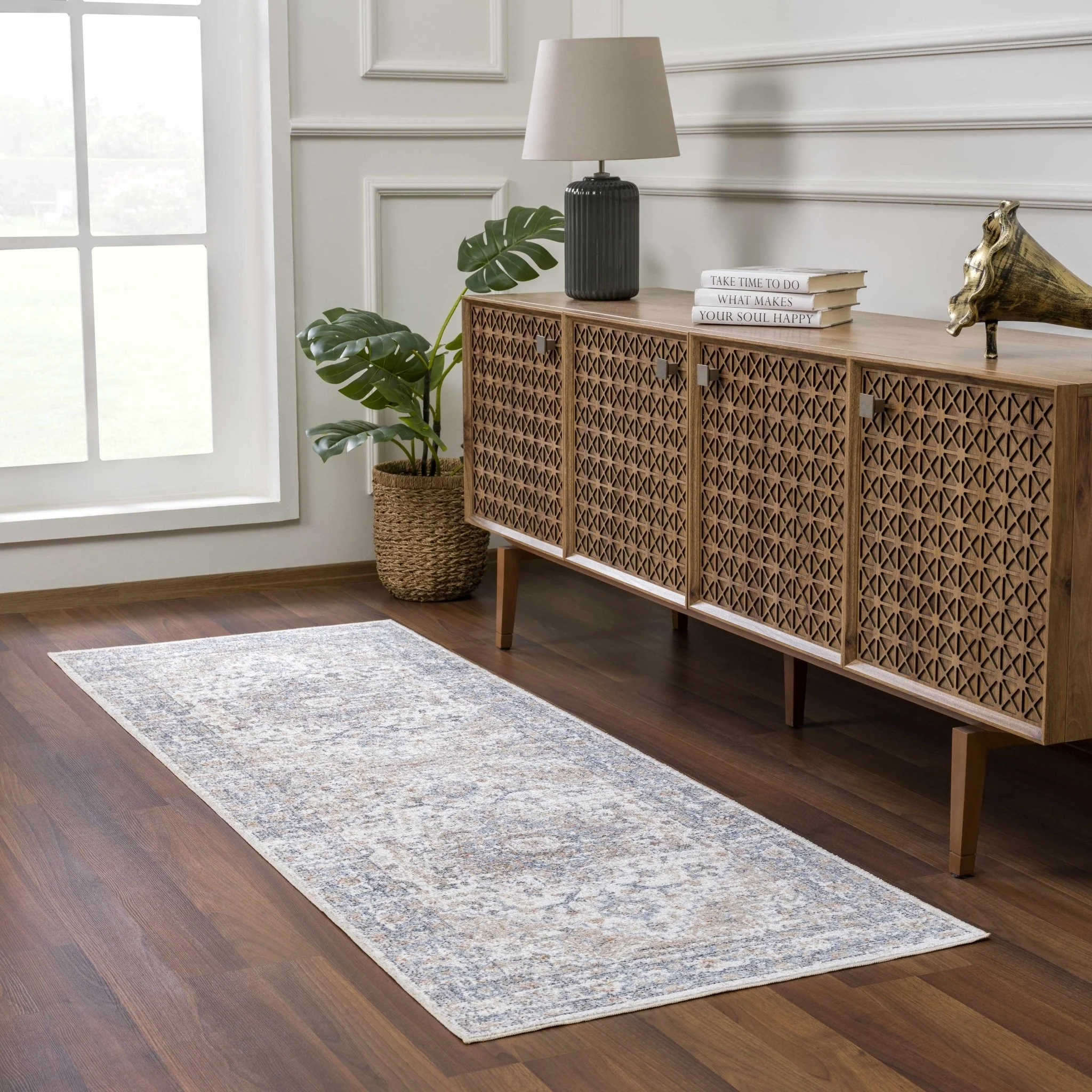 Traditional Heriz Charcoal, Ivory and Camel Medallion Washable area Rug - Image 4