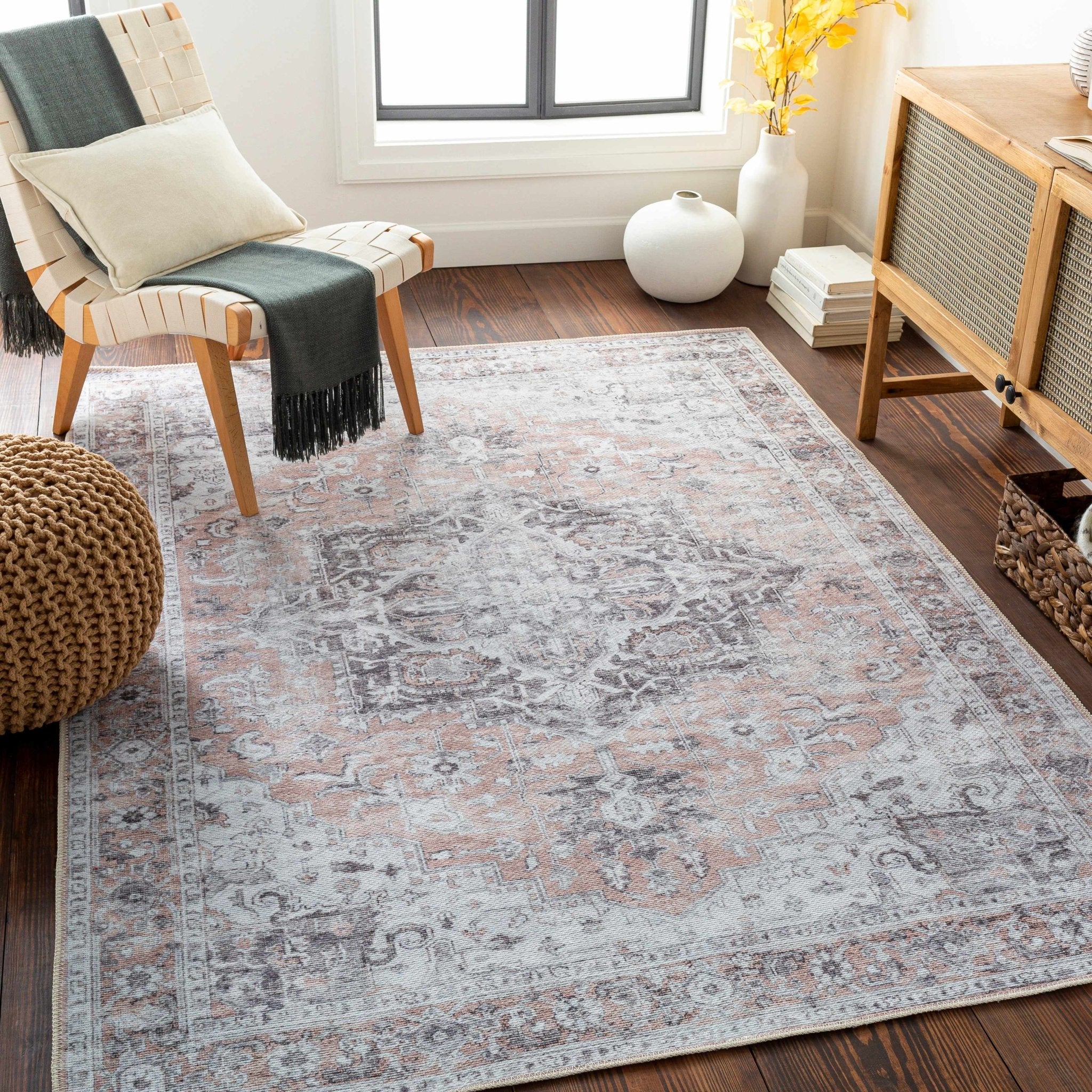 Traditional Machine woven Charcoal, Rust and Silver Machine Washable Rug - Image 5