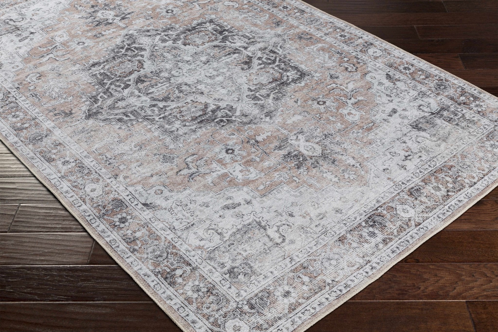 Traditional Machine woven Charcoal, Rust and Silver Machine Washable Rug - Image 7