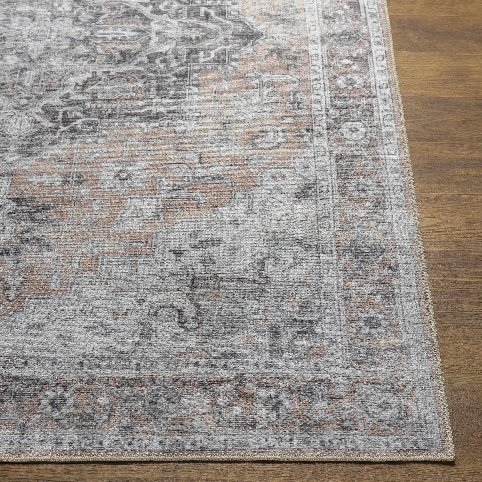 Traditional Machine woven Charcoal, Rust and Silver Machine Washable Rug - Image 8