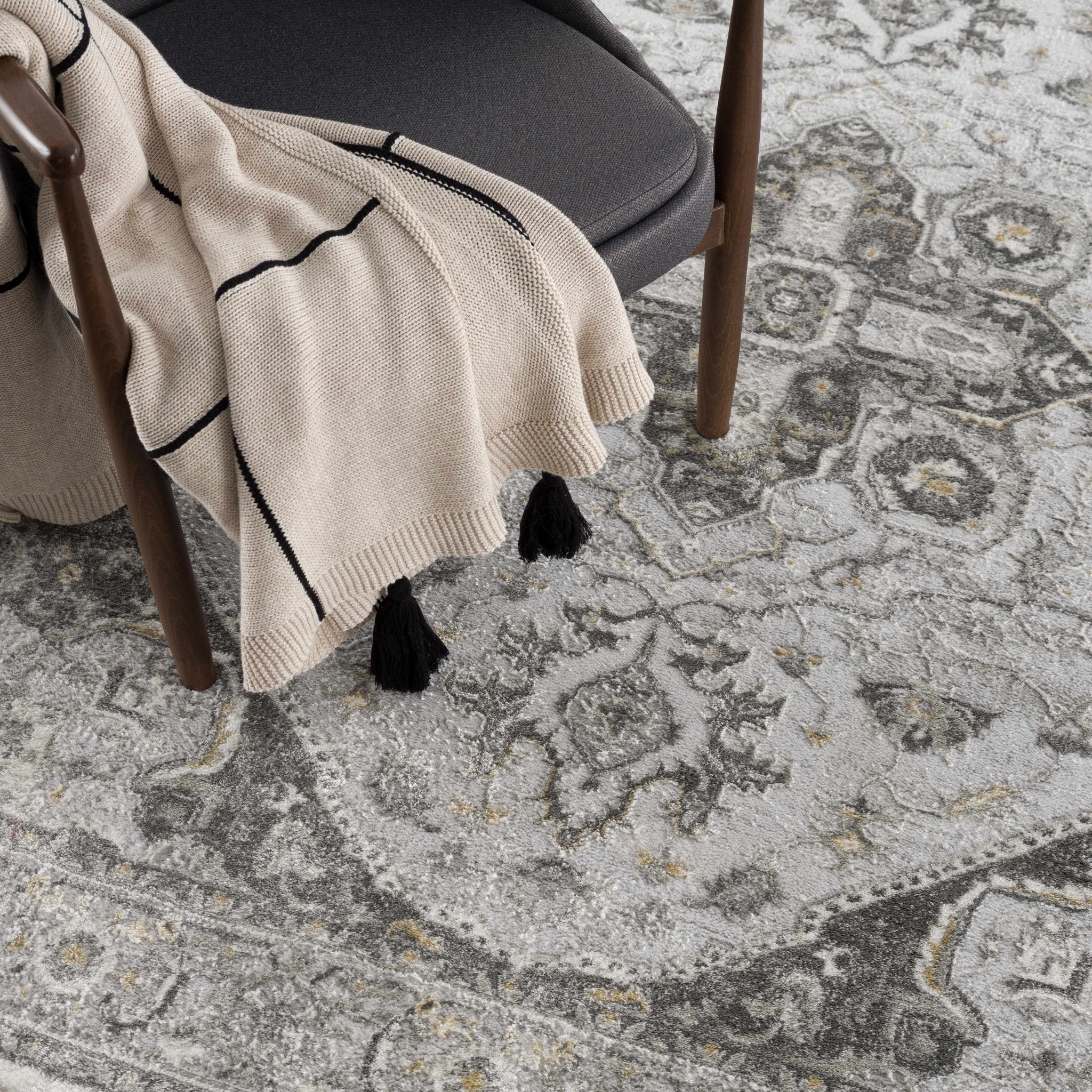 Antique Style Traditional Design Heriz Gray, Charcoal And Gold Area Rug - Image 9