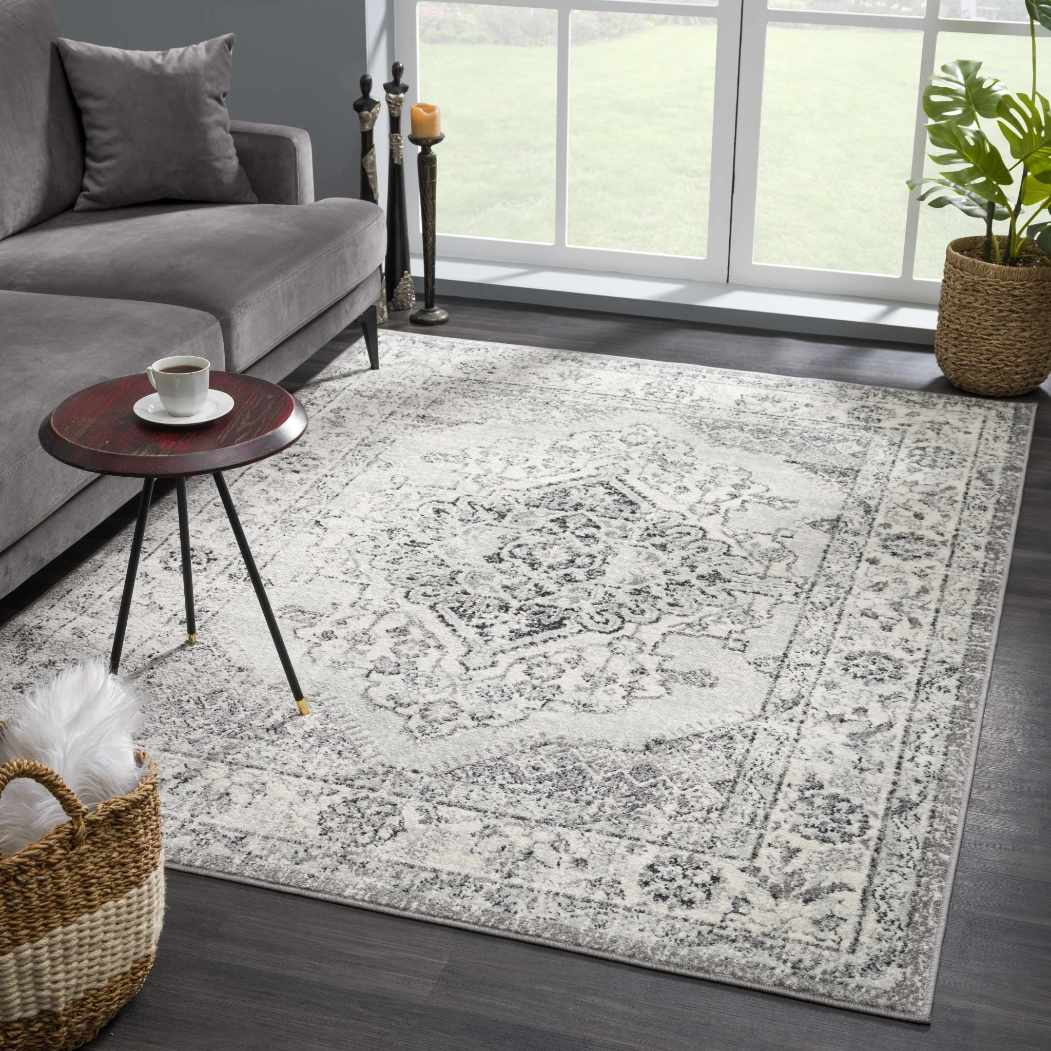 Traditional Turkish Deign Ivory, Gray and Black Style Low Pile Area Rug - Image 3