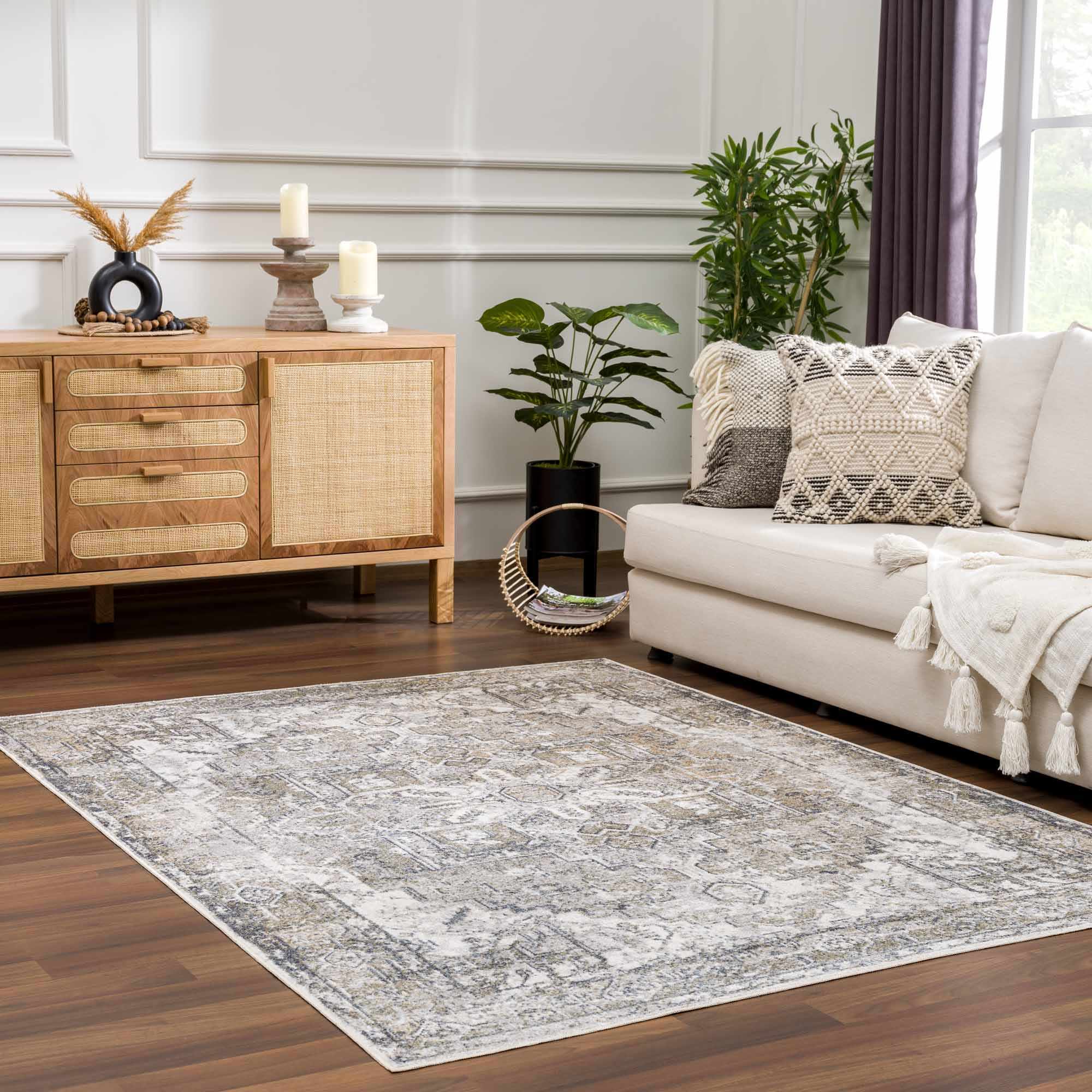 Traditional Medallion Design Ivory, Olive and Camel Low pile Washable Area Rug - Image 8