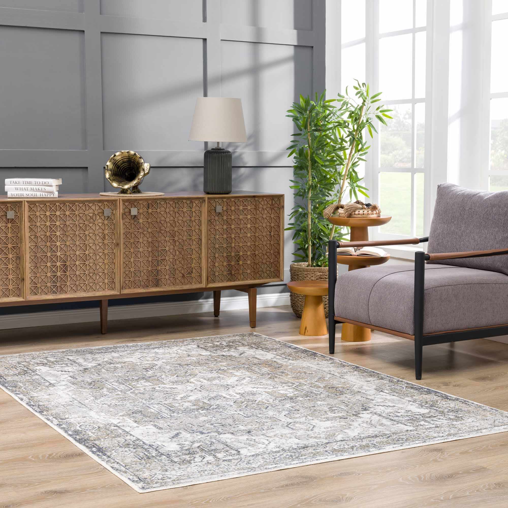 Traditional Medallion Design Ivory, Olive and Camel Low pile Washable Area Rug - Image 9