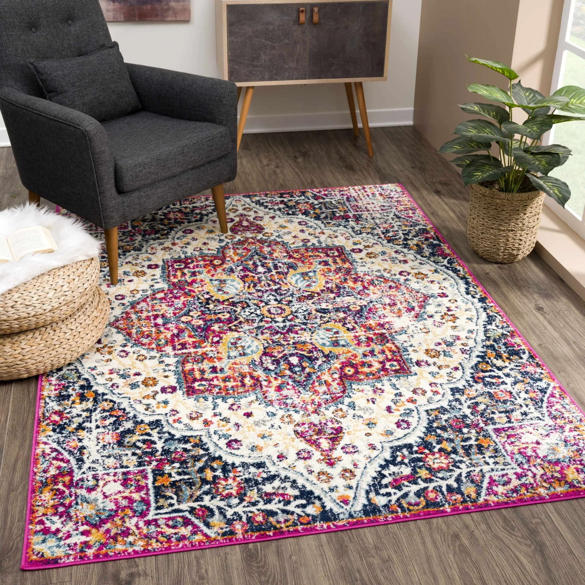 Traditional Design Heriz Ivory, Purple and Blue Premium look Medallion Area Rug - Image 2