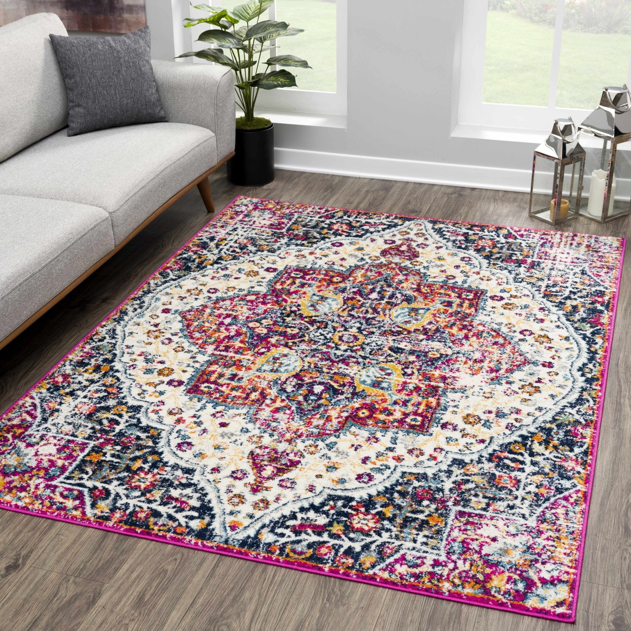 Traditional Design Heriz Ivory, Purple and Blue Premium look Medallion Area Rug - Image 3