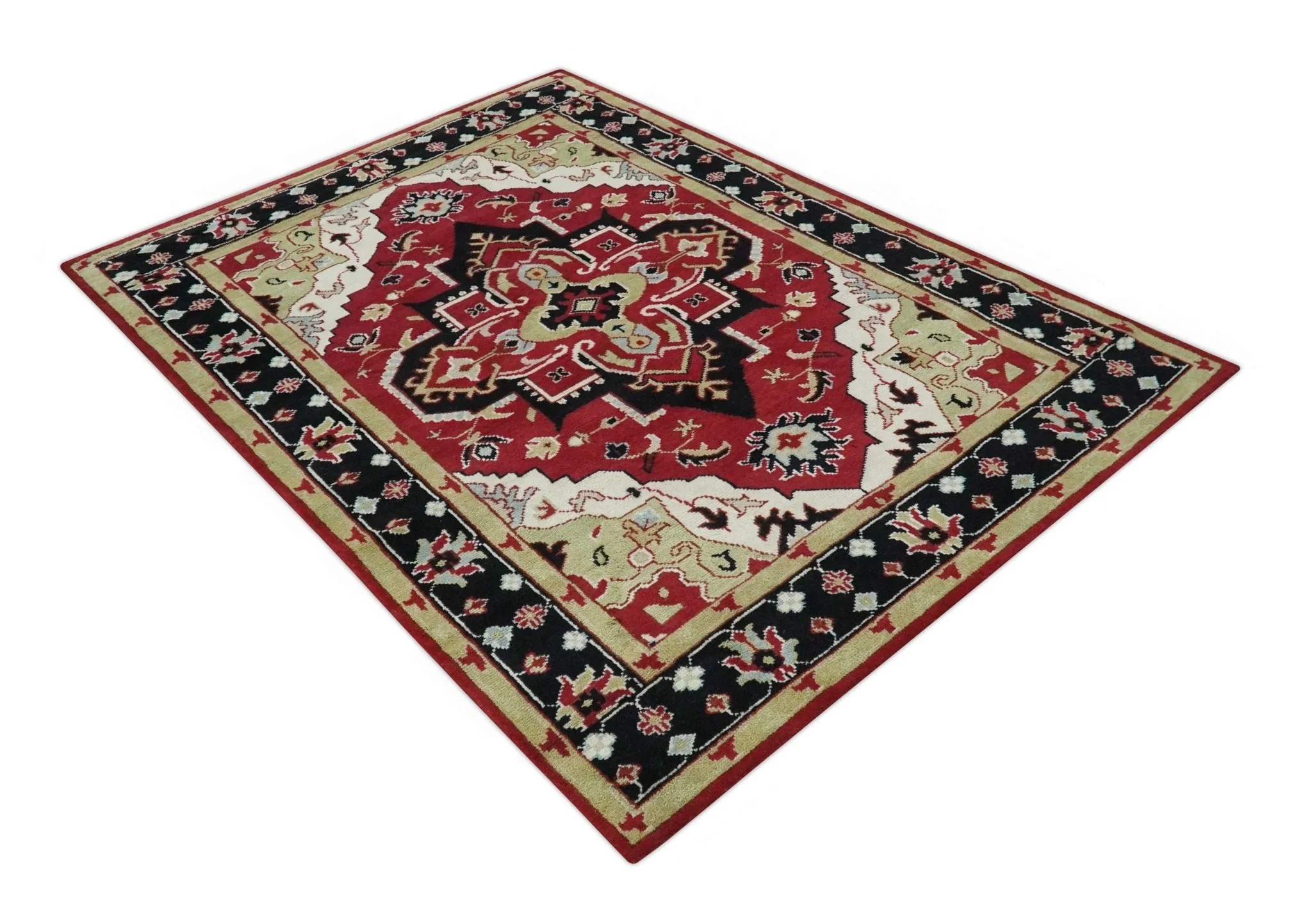 Custom Made Traditional Heriz Maroon, Olive and Black Floral Hand Knotted wool Rug - Image 10