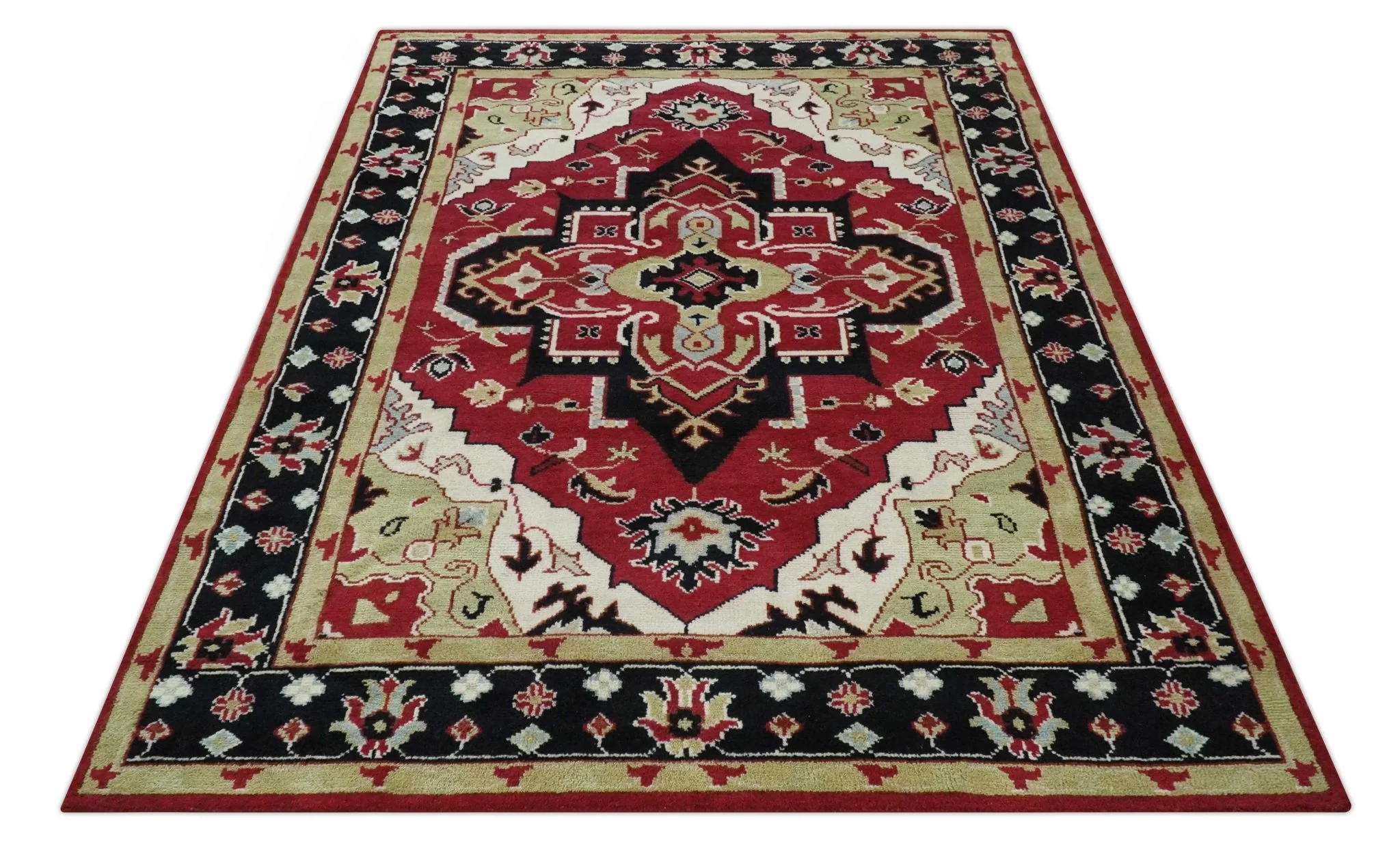 Custom Made Traditional Heriz Maroon, Olive and Black Floral Hand Knotted wool Rug - Image 11