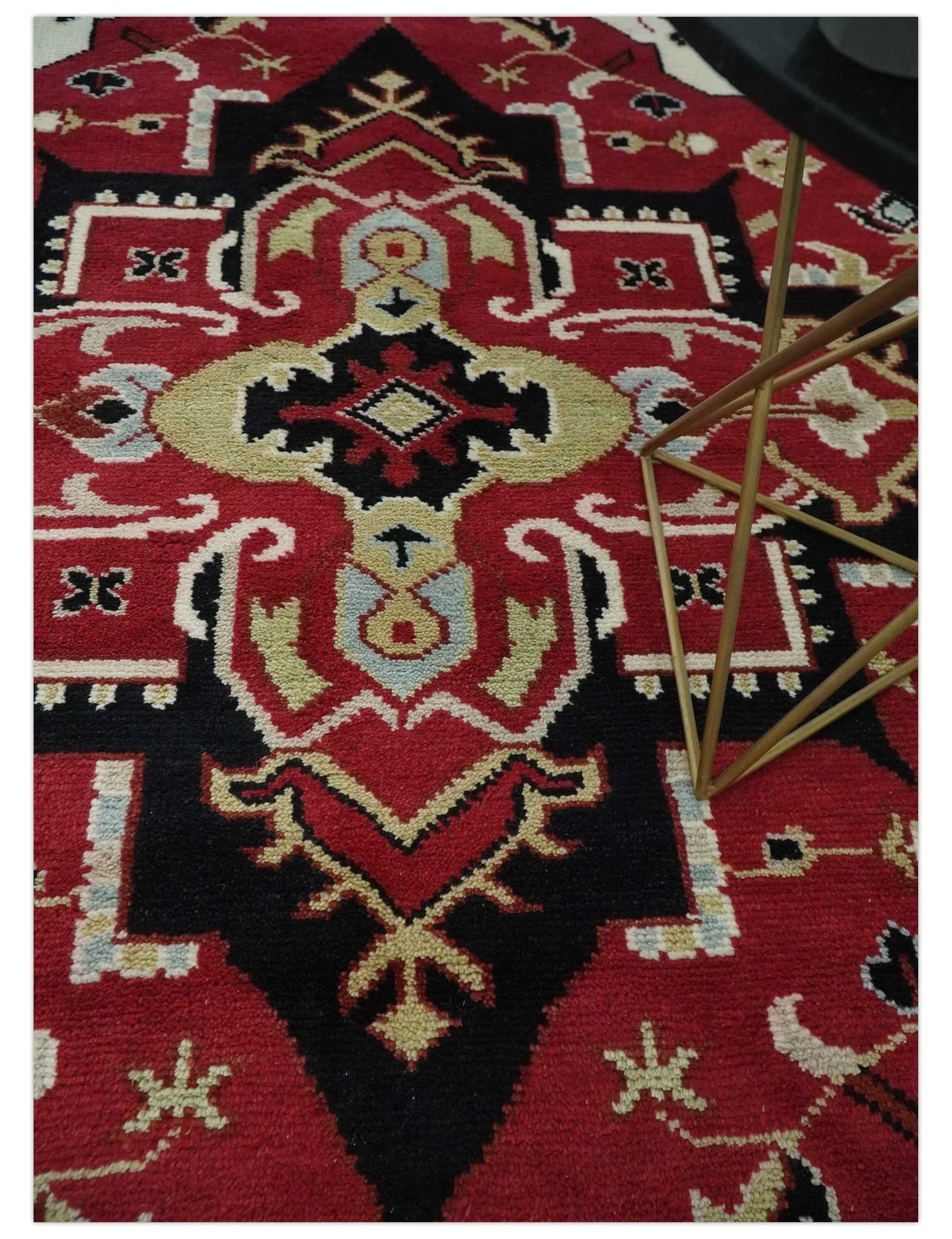 Custom Made Traditional Heriz Maroon, Olive and Black Floral Hand Knotted wool Rug - Image 3