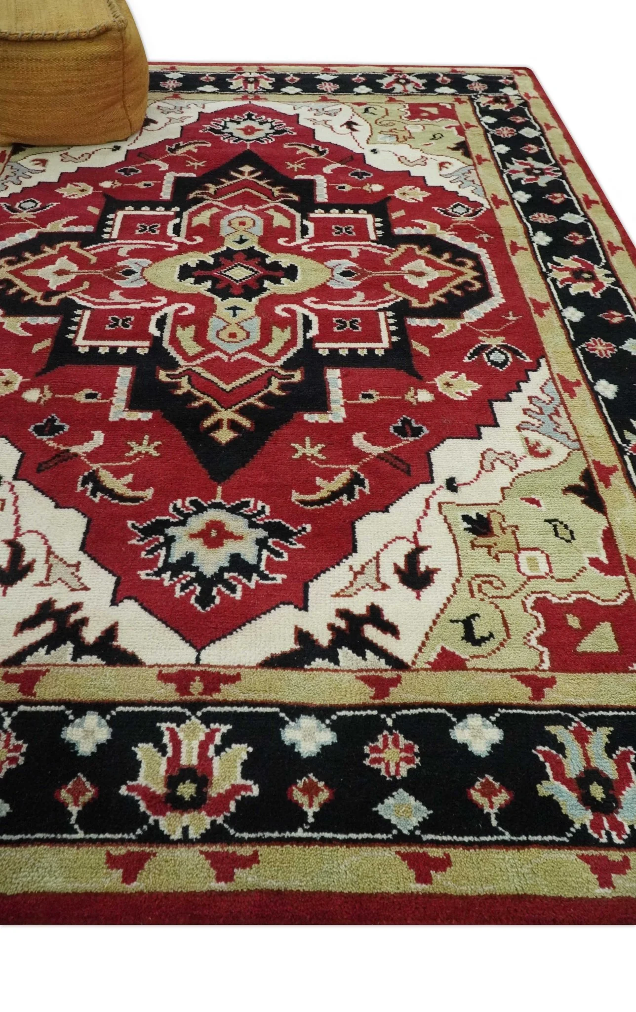 Custom Made Traditional Heriz Maroon, Olive and Black Floral Hand Knotted wool Rug - Image 4