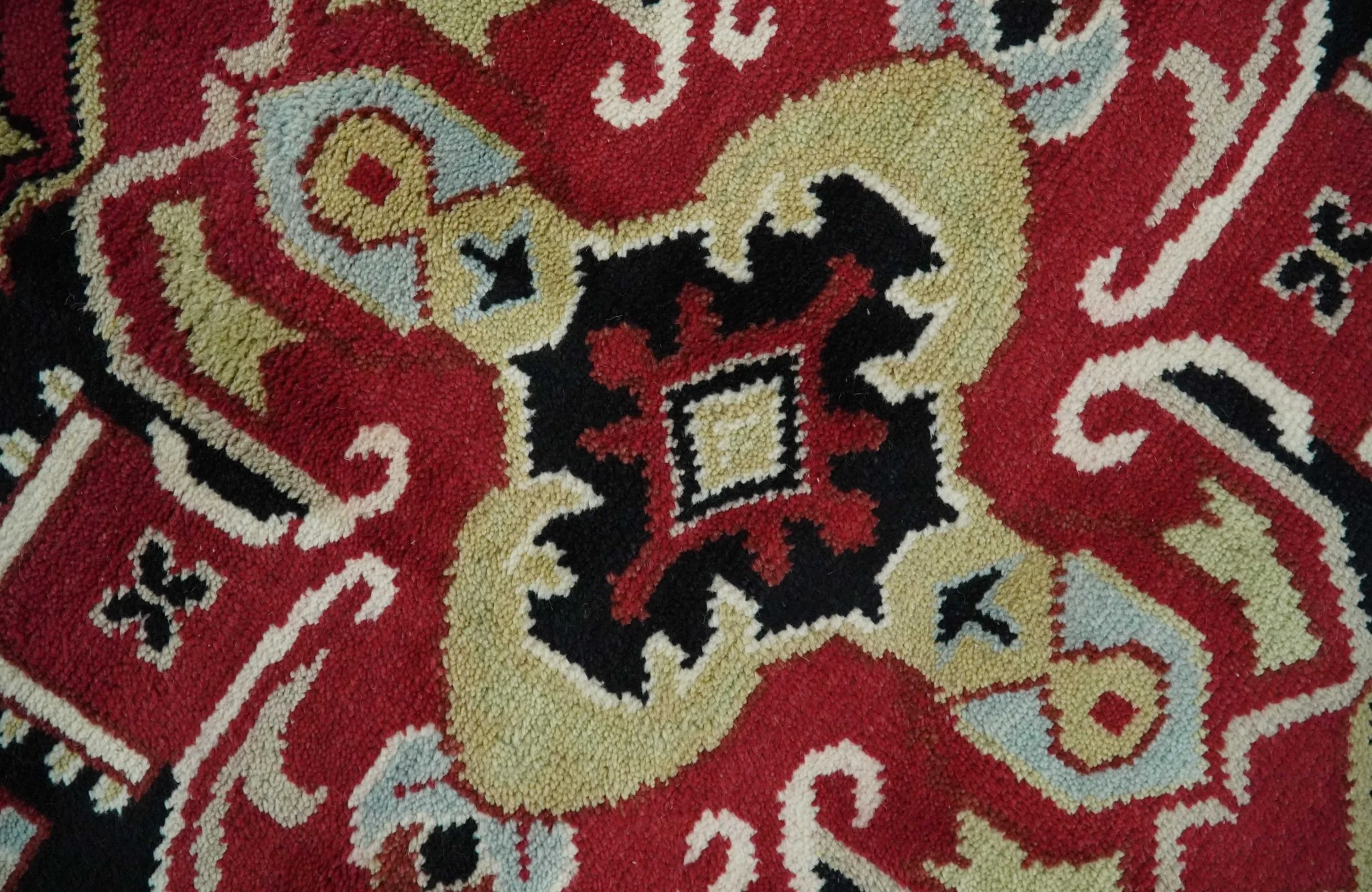 Custom Made Traditional Heriz Maroon, Olive and Black Floral Hand Knotted wool Rug - Image 5