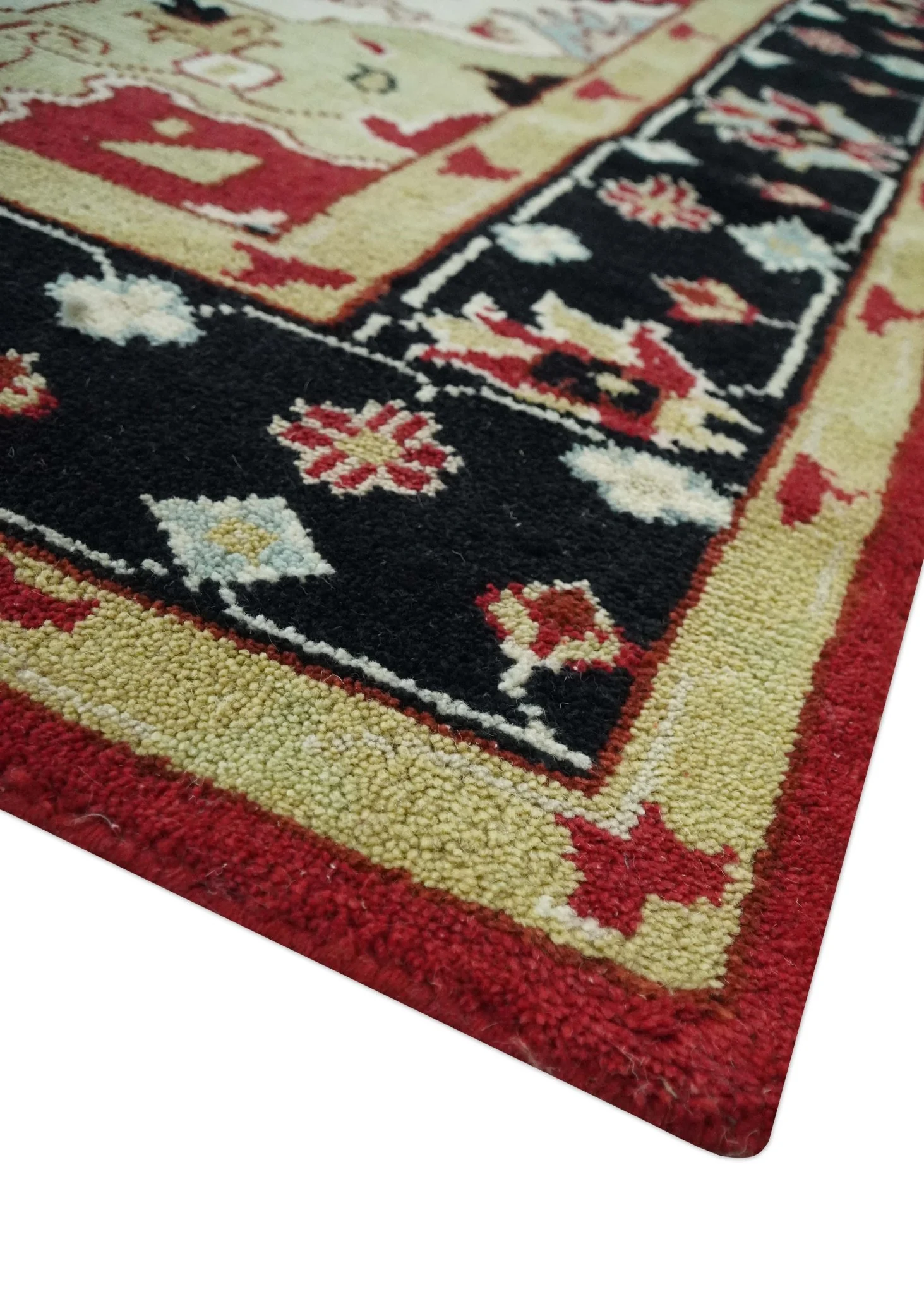 Custom Made Traditional Heriz Maroon, Olive and Black Floral Hand Knotted wool Rug - Image 6