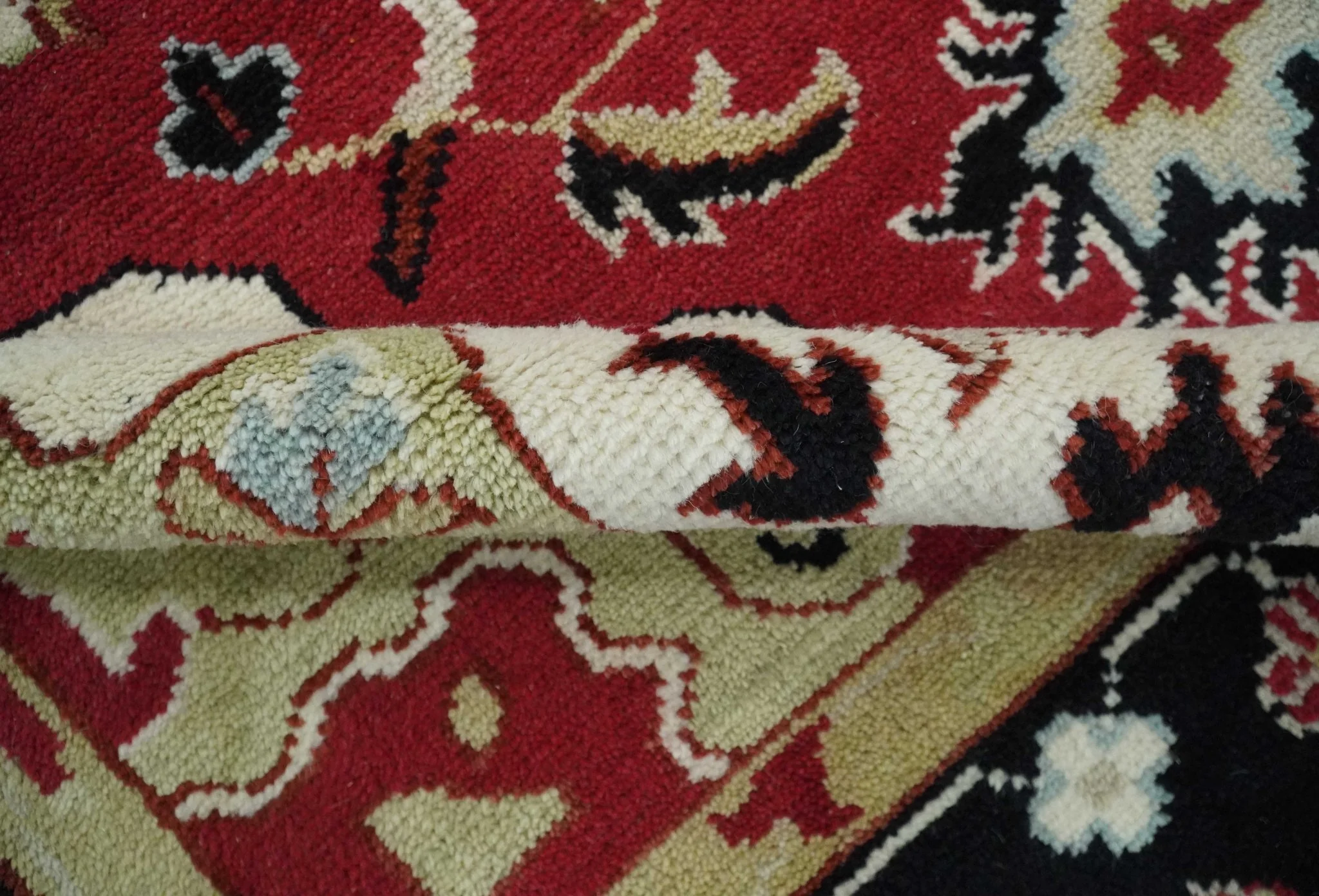 Custom Made Traditional Heriz Maroon, Olive and Black Floral Hand Knotted wool Rug - Image 7