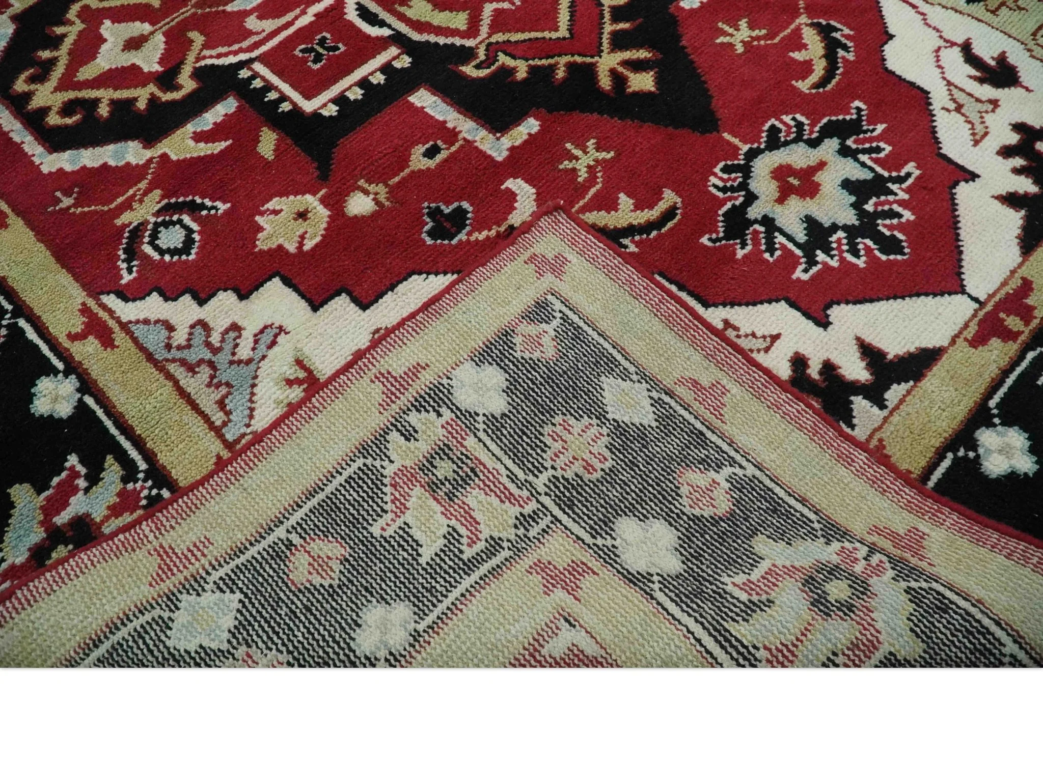 Custom Made Traditional Heriz Maroon, Olive and Black Floral Hand Knotted wool Rug - Image 8