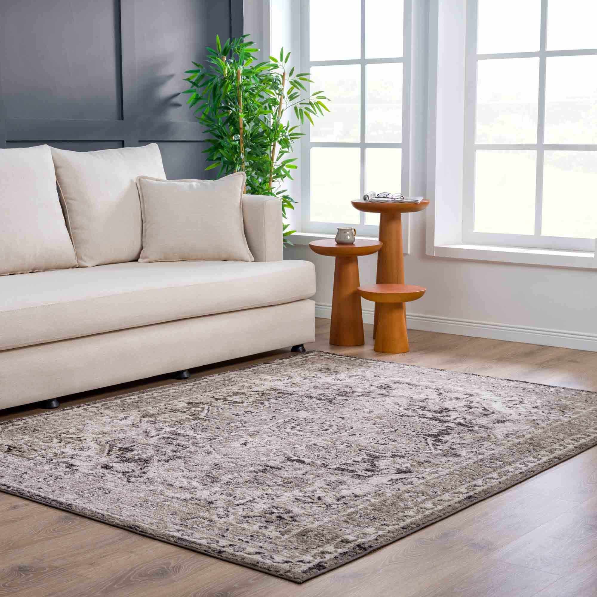 Antique Look Traditional Heriz Medallion Design Brown, Ivory and Charcoal Area Rug - Image 13