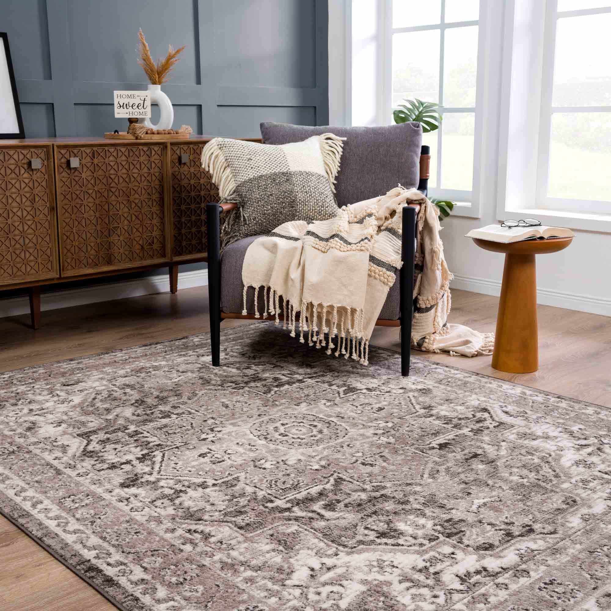 Antique Look Traditional Heriz Medallion Design Brown, Ivory and Charcoal Area Rug - Image 14