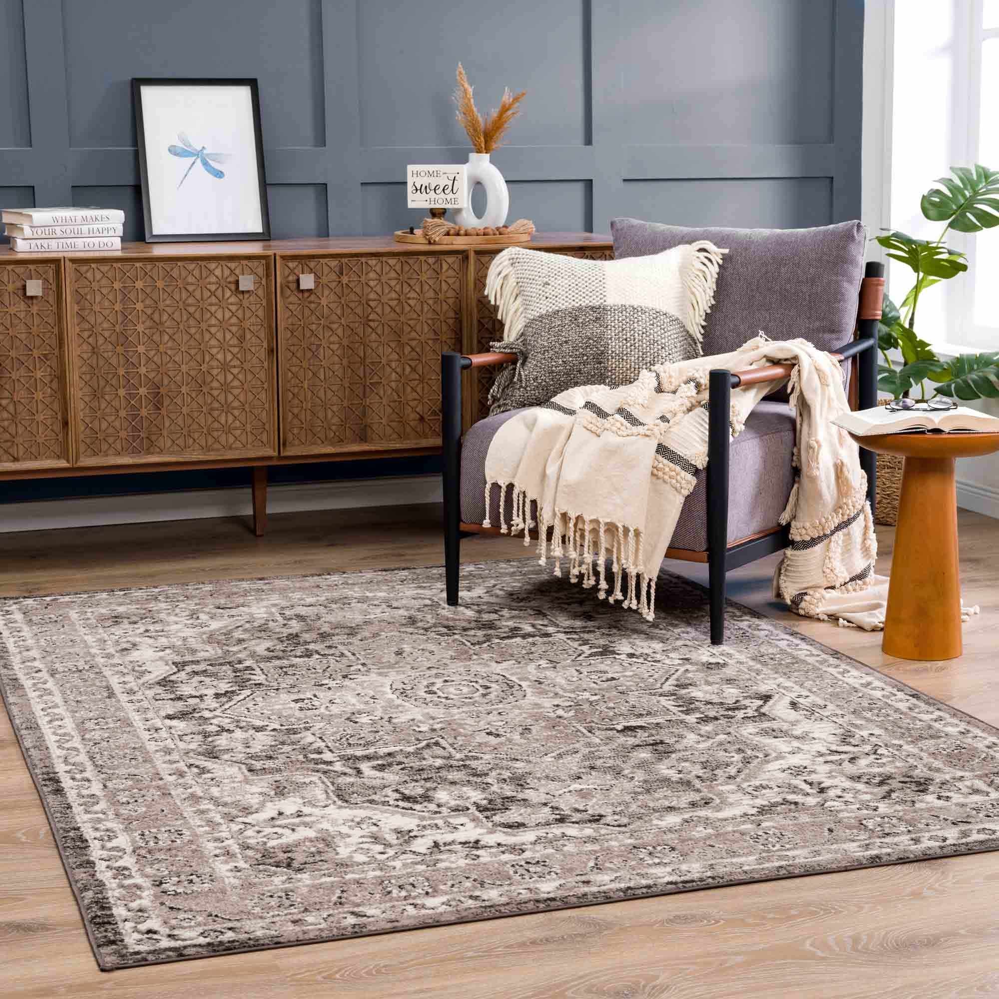 Antique Look Traditional Heriz Medallion Design Brown, Ivory and Charcoal Area Rug - Image 3