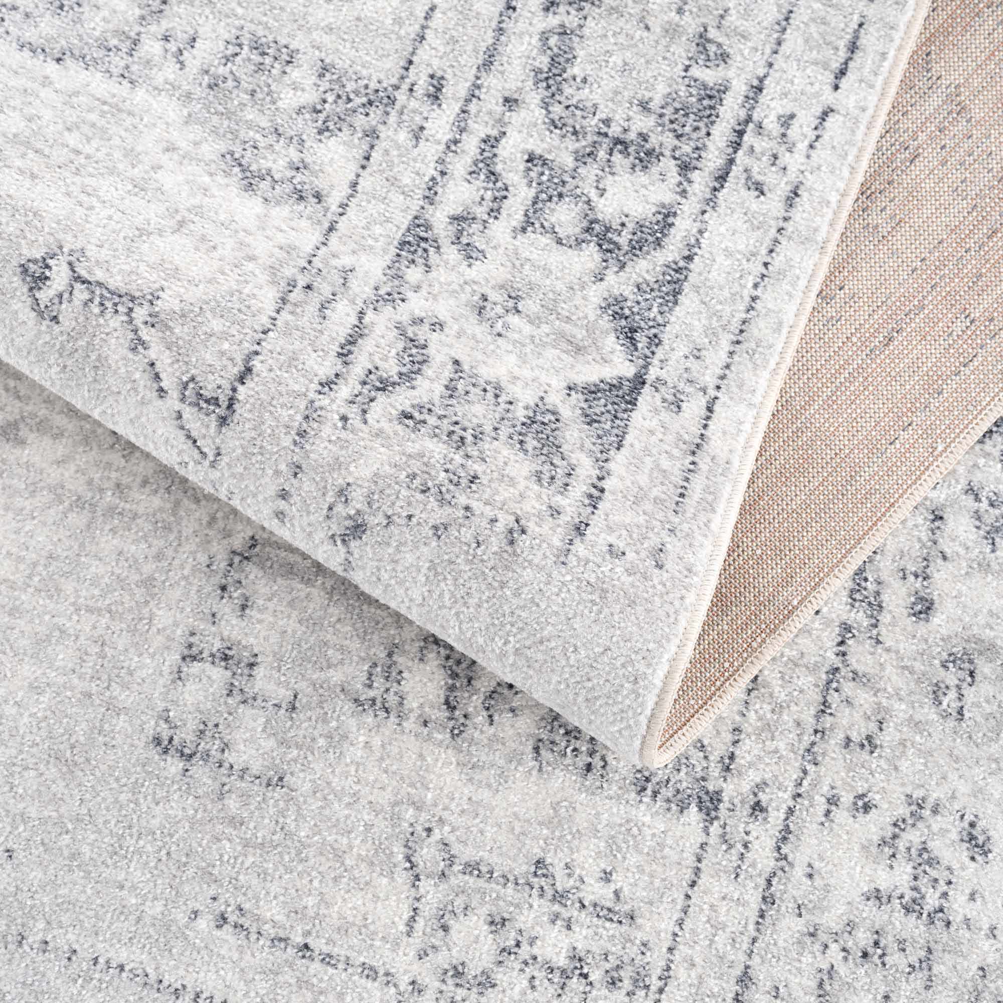 Traditional Medallion Design Silver and Charcoal Machine Washable Rug - Image 10