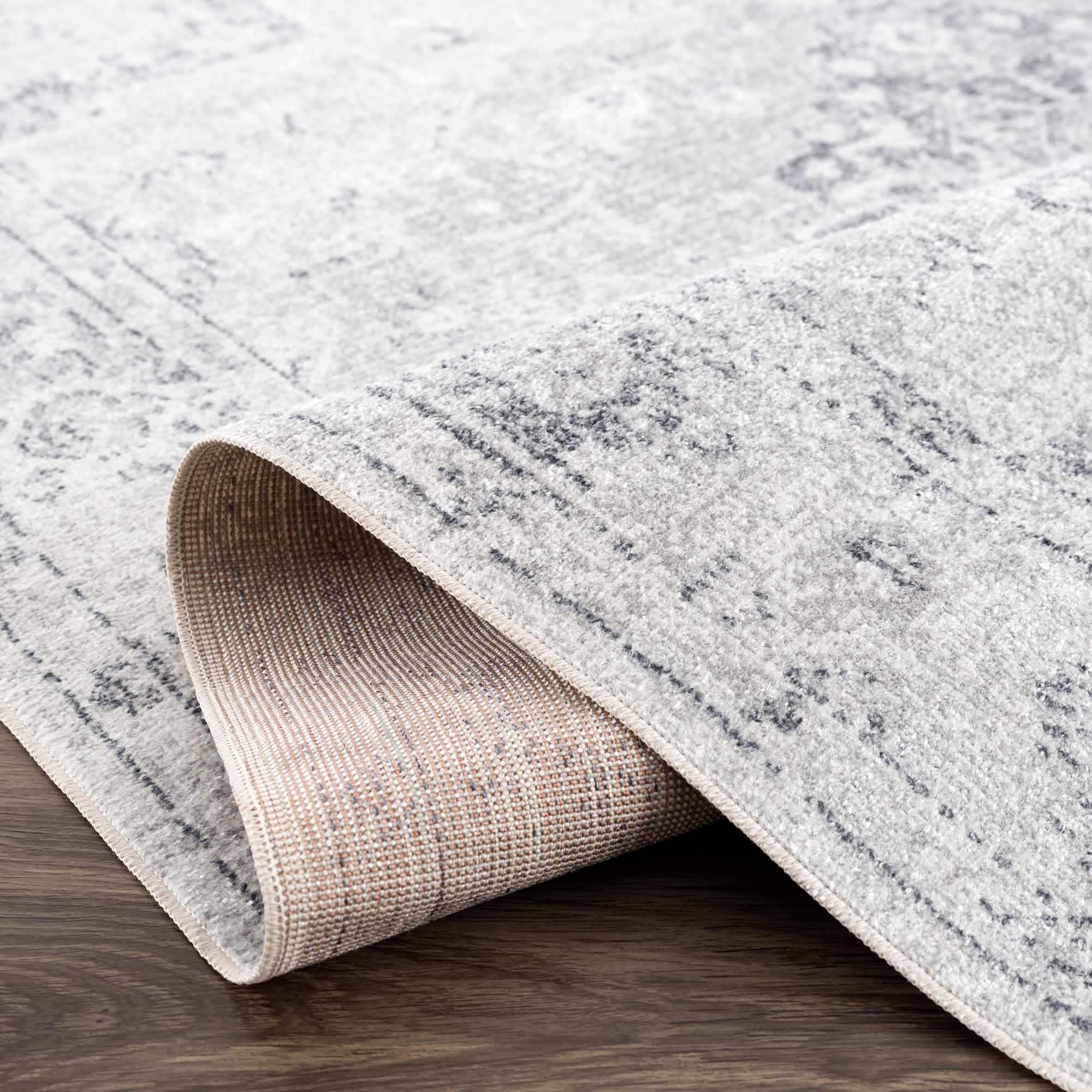 Traditional Medallion Design Silver and Charcoal Machine Washable Rug - Image 11