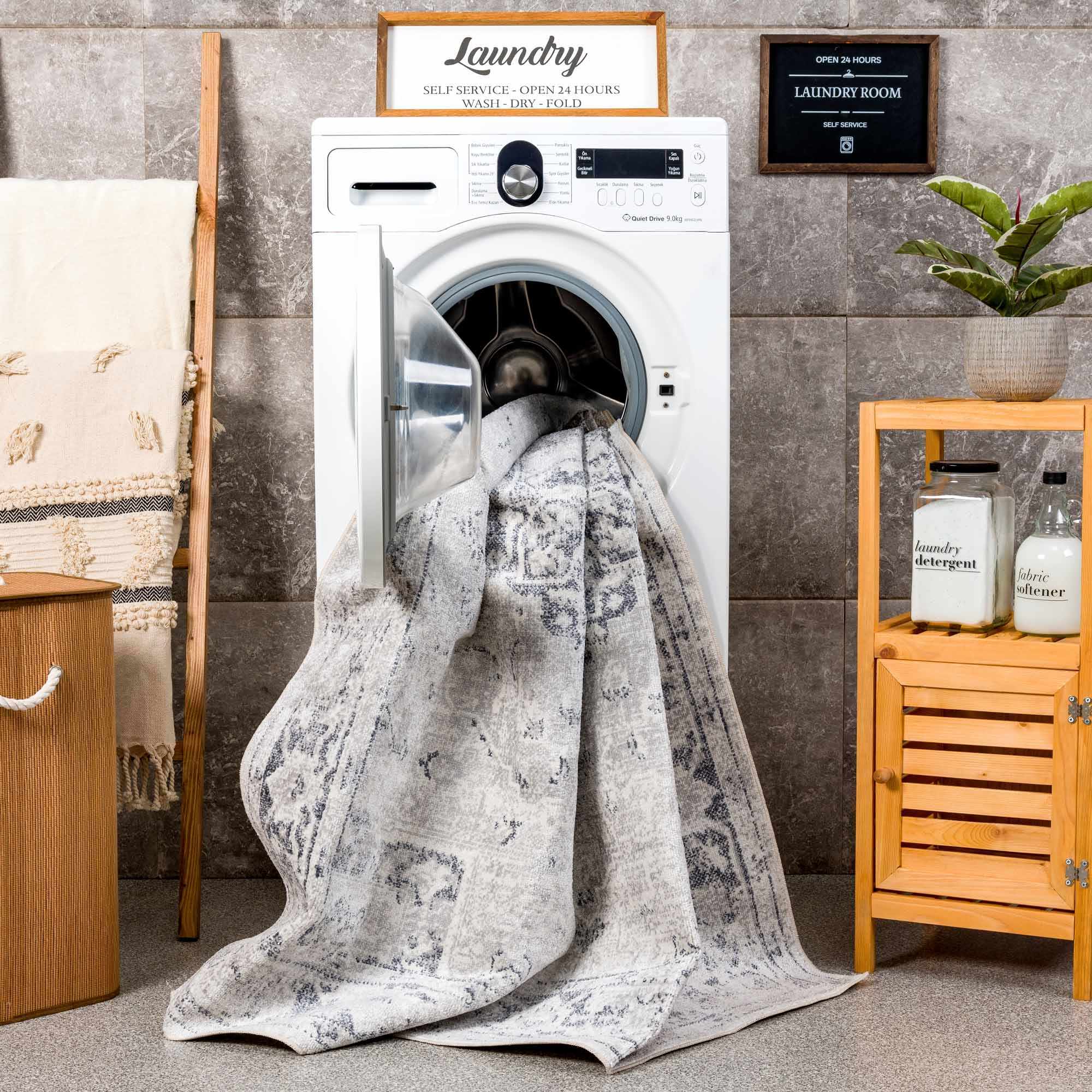 Traditional Medallion Design Silver and Charcoal Machine Washable Rug - Image 16