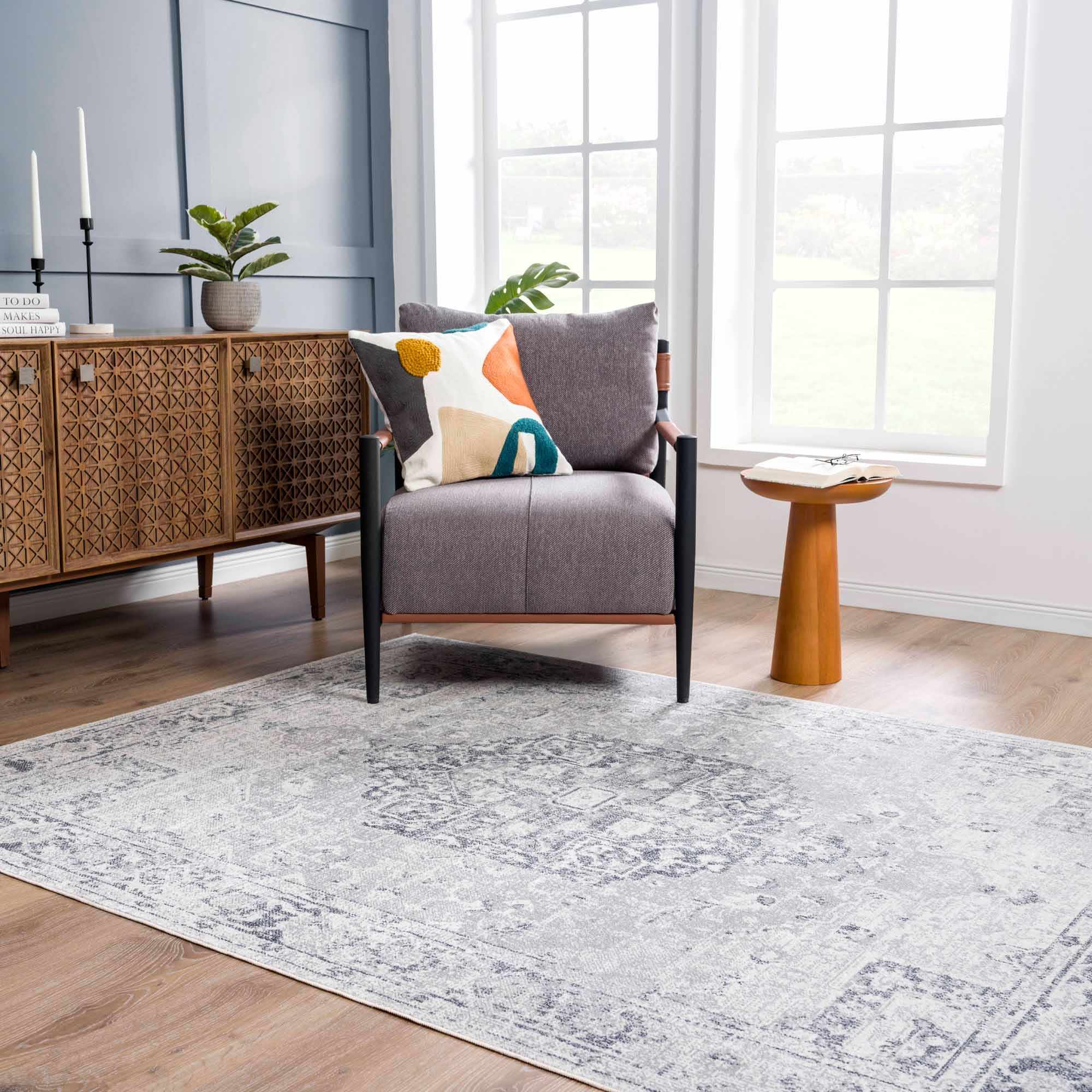 Traditional Medallion Design Silver and Charcoal Machine Washable Rug - Image 18