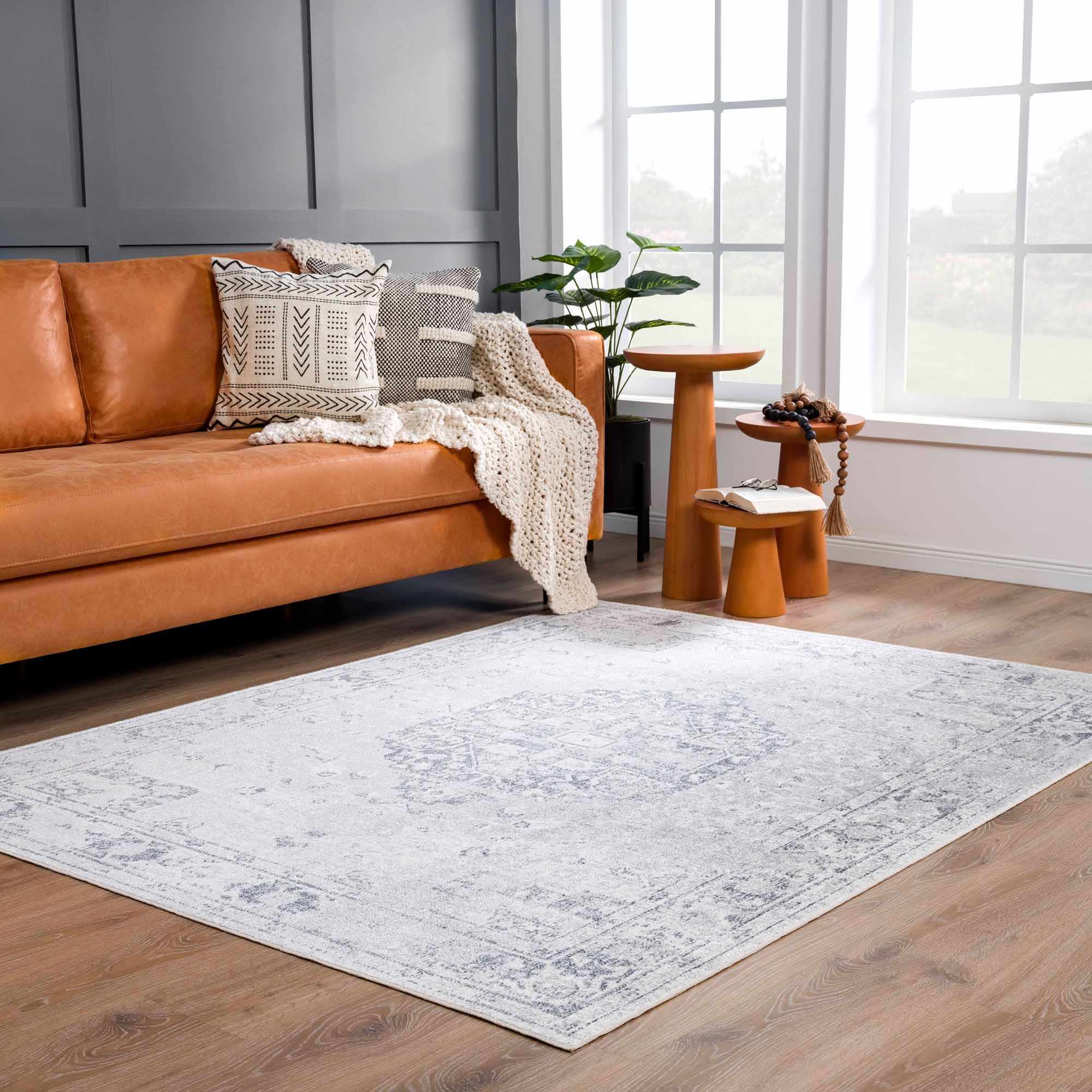 Traditional Medallion Design Silver and Charcoal Machine Washable Rug - Image 3
